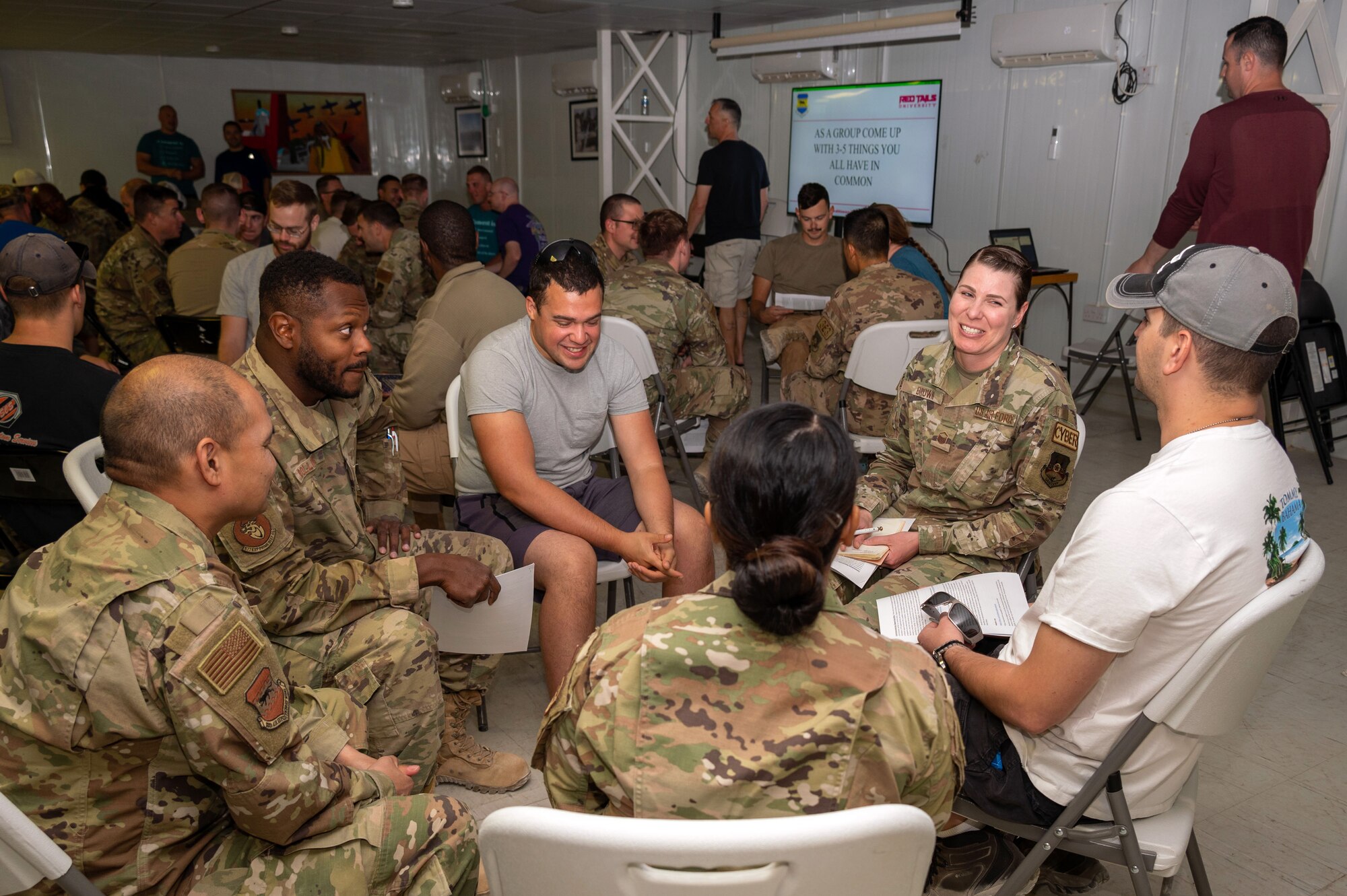 332d Air Expeditionary Wing Airmen participate in discussion at a Red Tails University class at an undisclosed location in Southwest Asia, May 21, 2022. The curriculum options RTU provides is meant to encourage 332d AEW Red Tails to seek learning and personal growth opportunities beyond textbook-style professional military education. (U.S. Air Force photo by Tech. Sgt. Lauren M. Snyder)