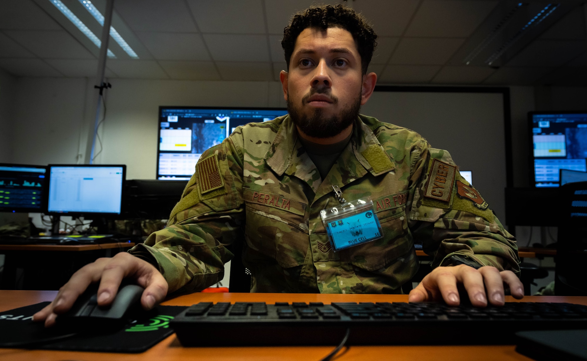 U.S. Air Force Staff Sgt. Joseph Peralta, 52nd Communications Squadron mission defense team supervisor  assigned to Spangdahlem Air Base, Germany, identifies an indicator of network compromise during exercise Tacet Venari at Ramstein Air Base, Germany, May 19, 2022. Tacet Venari is a two-week cyber exercise giving participants a chance to implement the skills they've obtained in a controlled environment. (U.S. Air Force photo by Airman 1st Class Jared Lovett)
