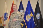 The Defense Logistics Agency Troop Support Commander Army Brig. Gen. Eric Shirley addresses the workforce at a Town Hall meeting May 10. Shirley presented individual and team awards, reviewed organization accomplishments, and discussed the plan for employees to reenter the workplace.