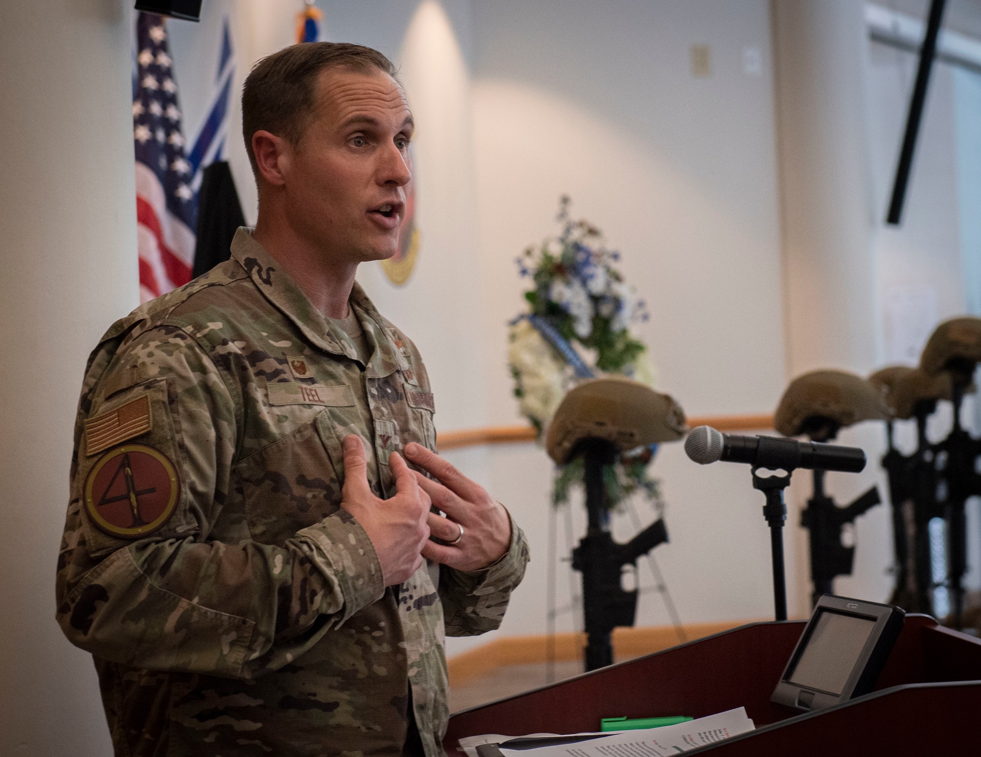 Col. Lucas Teel, 4th Fighter Wing commander, speaks during the National Police Week closing ceremony at Seymour Johnson Air Force Base, North Carolina, May 20, 2022. Throughout Police Week members of Seymour Johnson AFB and the local community participated in events to honor fallen law enforcement officers.