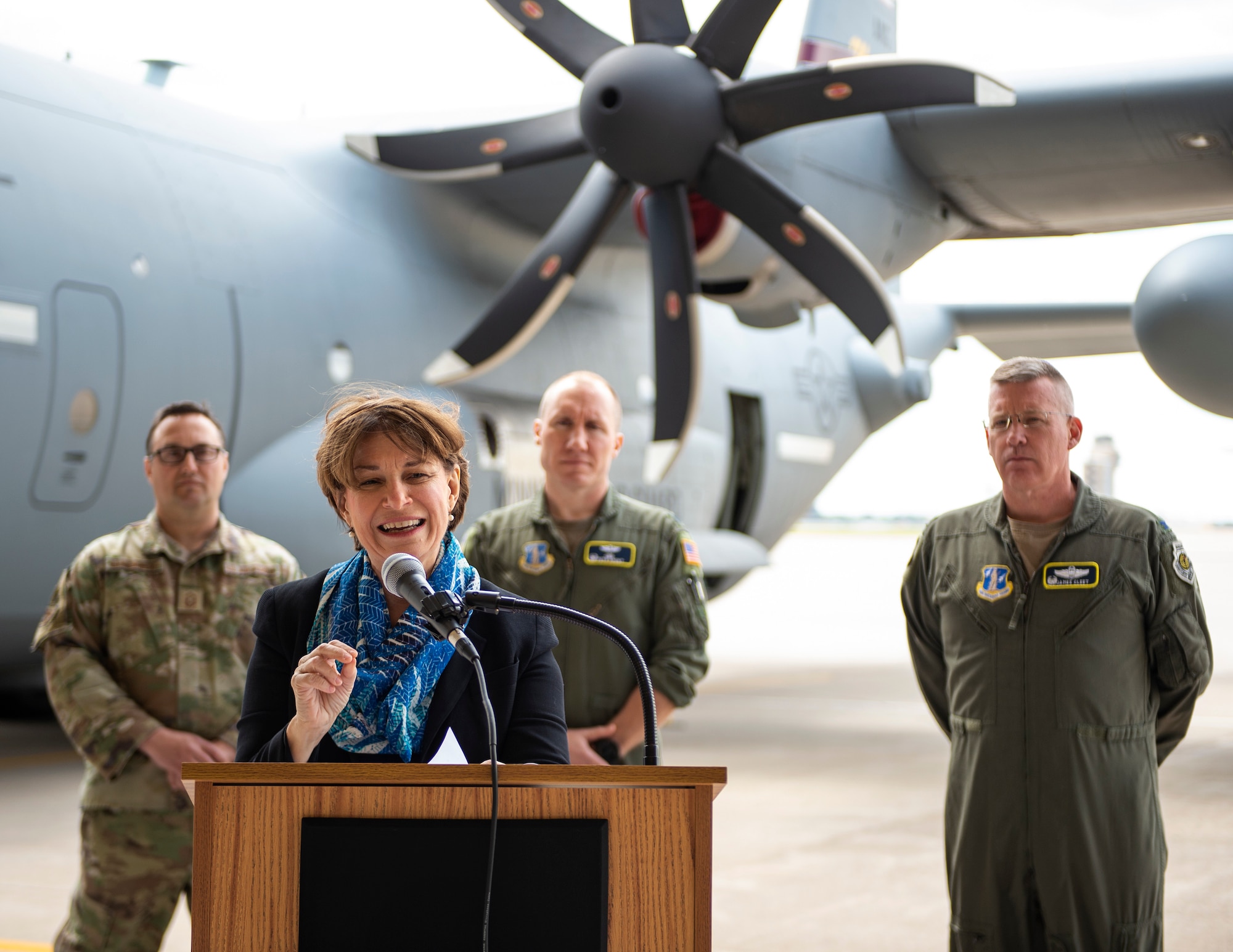 U.S. Sen. Amy Klobuchar, D-Minn., highlights the accomplishments of the 133rd Airlift Wing in St. Paul, Minn., May 22, 2022.