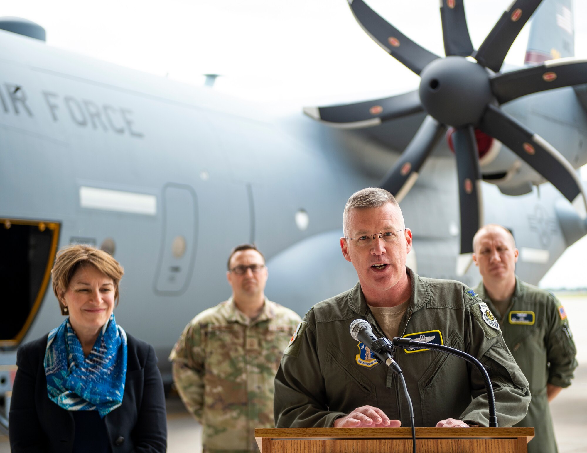U.S. Air Force Col. James Cleet, commander, 133rd Airlift Wing, briefs the media at a press conference with U.S. Sen. Amy Klobuchar, D-Minn., in St. Paul, Minn., May 22, 2022.