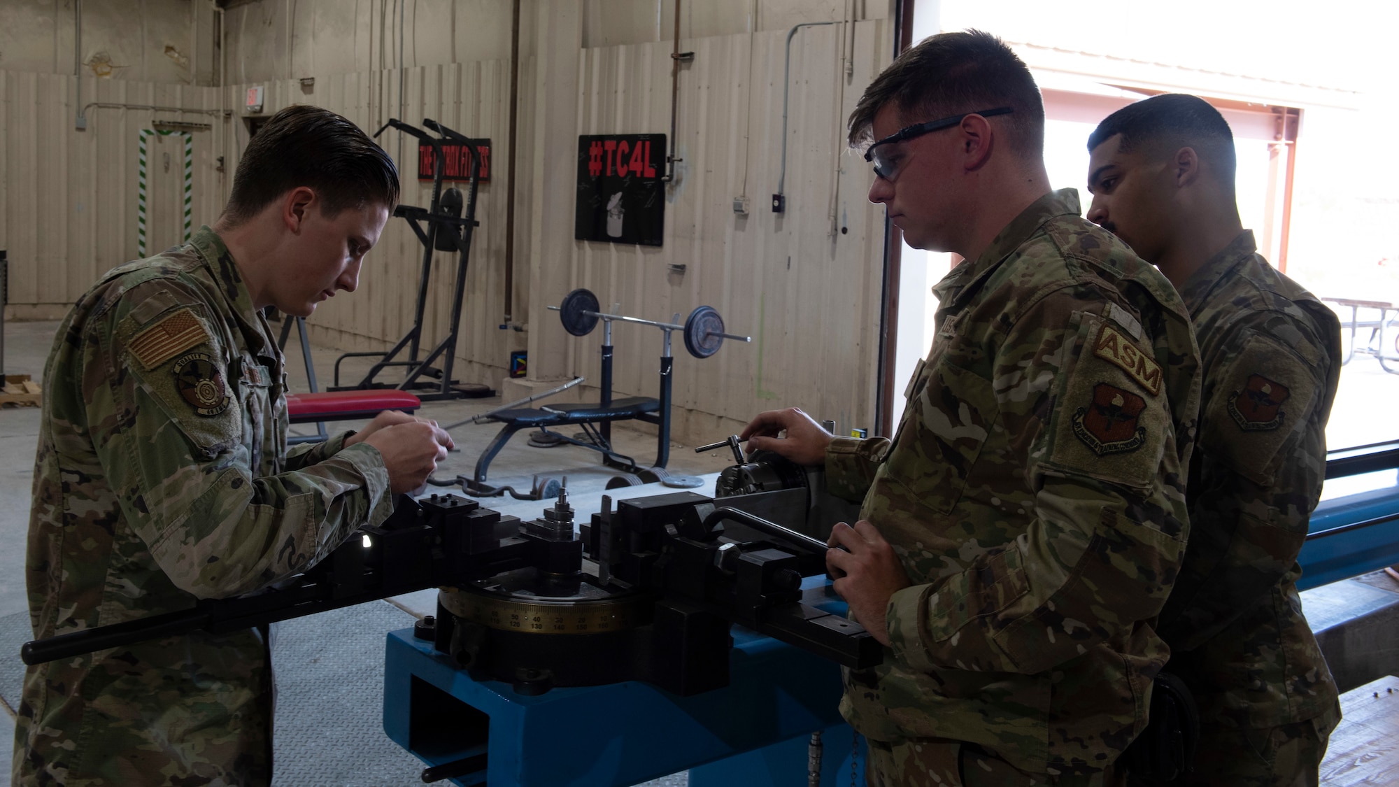Airmen from the 49th Equipment Maintenance Squadron use a production tube bender machine, May 18, 2022, on Holloman Air Force Base, New Mexico.