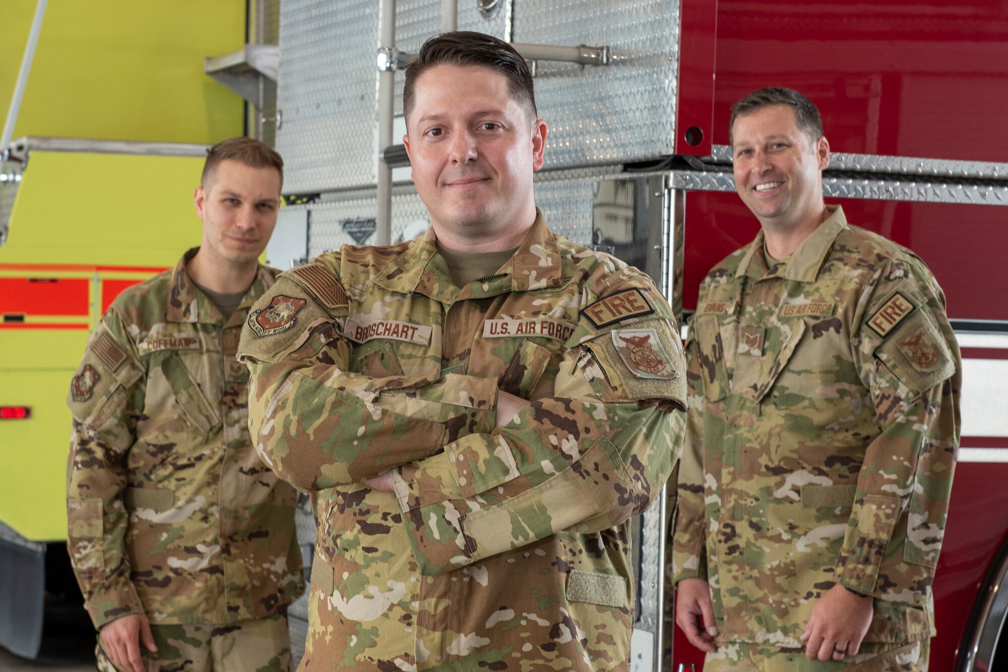 U.S. Air Force Master Sgt. Donald Broschart, center, is a fire services specialist for the 167th Civil Engineering Squadron and the 167th Airlift Wing Airman Spotlight for May 2022.