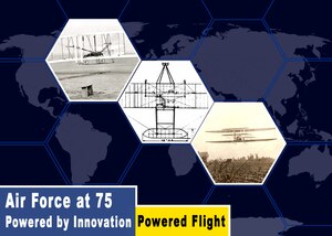 Where would the Air Force be without powered flight? We are the world's greatest Air Force because of those who have gone before us. Innovative people like Wilbur and Orville Wright. On December 17, 1903, the Wright Brothers made four brief flights with the first powered aircraft at Kitty Hawk. This event ushered in 118 years of aviation innovation. USAF graphic by Staff Sgt. Nicolas Erwin