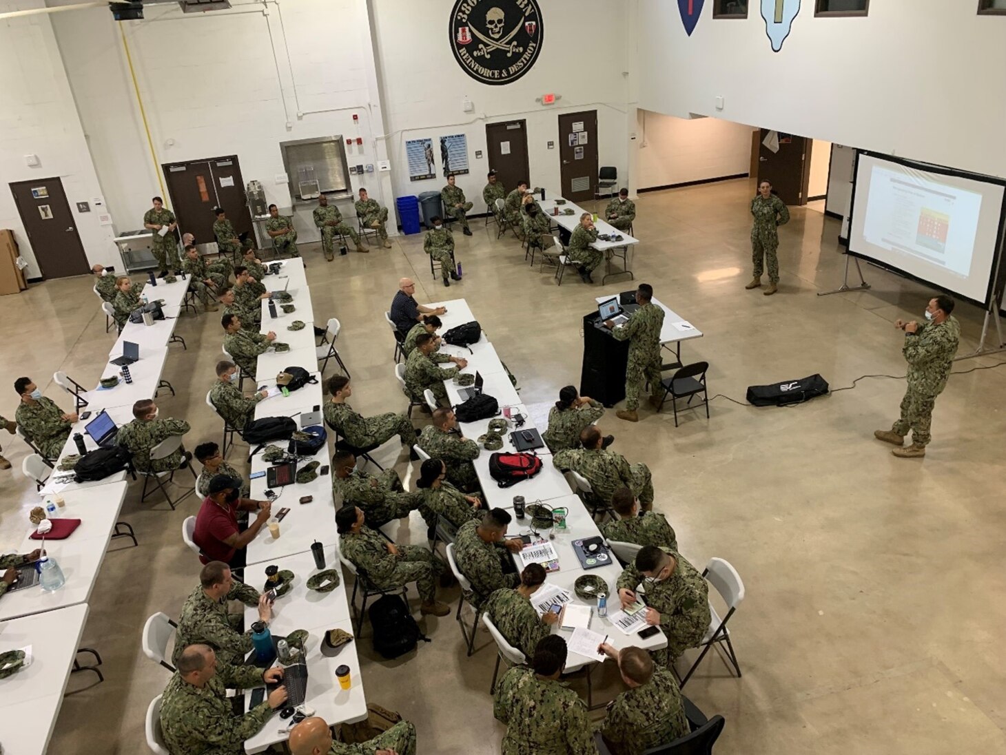 Hospital Corpsman (FMF/EXW) 1st Class (front, right) Travis Morton led the suicide prevention training with PS1 (EXW) Kitara Byerly assisting at Reserve Center Austin, Texas, July 11. (Courtesy Photo)