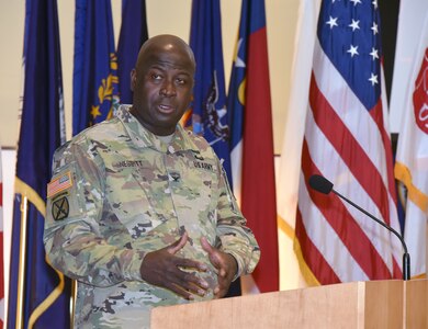 Col. Tony Nesbitt, commander of U.S. Army Medical Logistics Command, speaks during a Healthcare Technology Management workshop at Fort Detrick, Maryland, on May 18. AMLC was the sponsor for the second annual event.