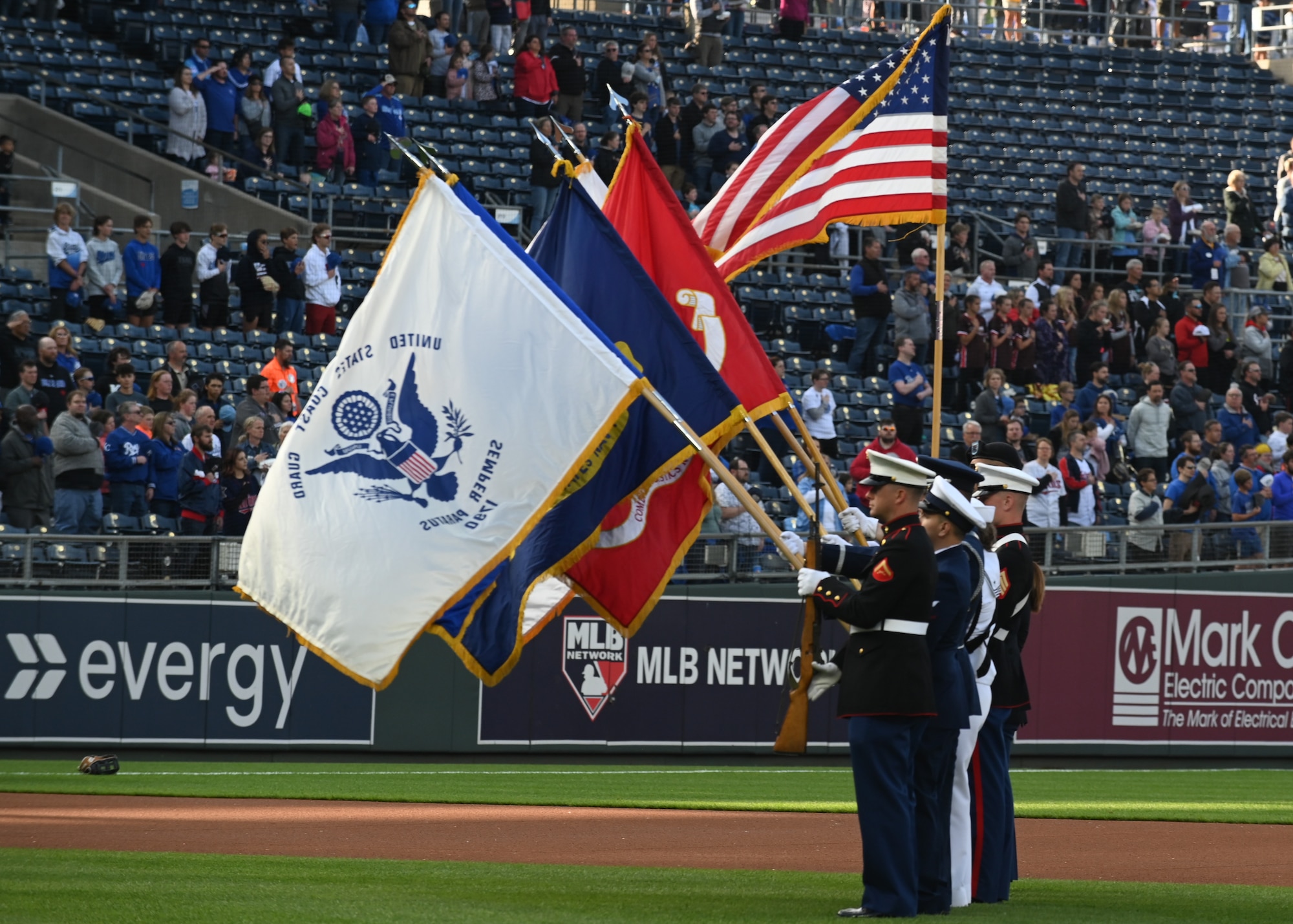 A Joint Service Color Guard present the colors during the Kansas City Royals Armed Forces Night.