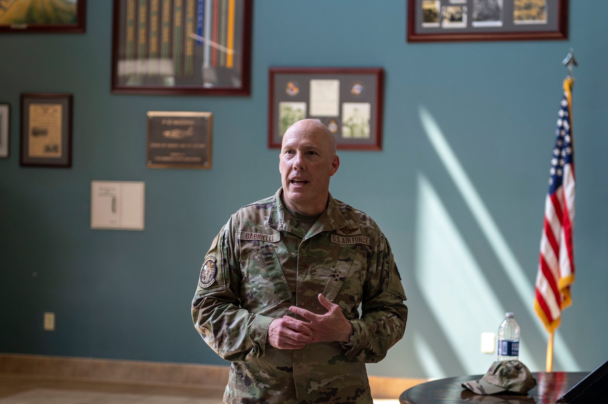 Brig. Gen. Daniel Gabrielli, Minnesota Air National Guard’s Assistant Adjutant General and former commander for Task Force Holloman during Operation Allies Welcome, visits Airmen assigned to the 4th Fighter Wing who deployed in support of OAW and talks about their successes during the operation at Seymour Johnson Air Force Base, North Carolina, May 20, 2022. 4th FW Airmen deployed to Holloman AFB, New Mexico in support of OAW to resettle Afghan nationals after the evacuation of Afghanistan took place in early August. (U.S. Air Force photo by Senior Airman Kevin Holloway)