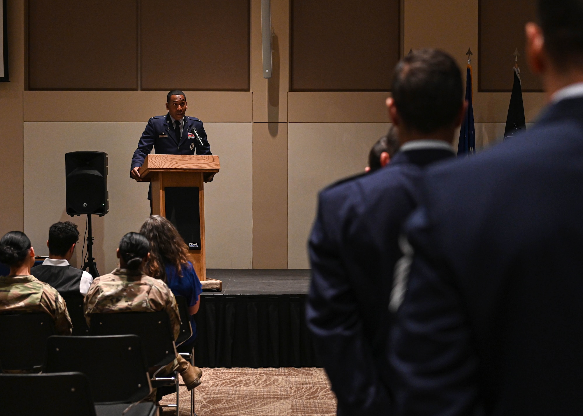 Col. Marcus Jackson, Space Base Delta 2 commander, speaks to the crowd at the combined 460th Mission Support Group inactivation and Buckley Garrison redesignation ceremony on Buckley Space Force Base, Colo., May 23, 2022.