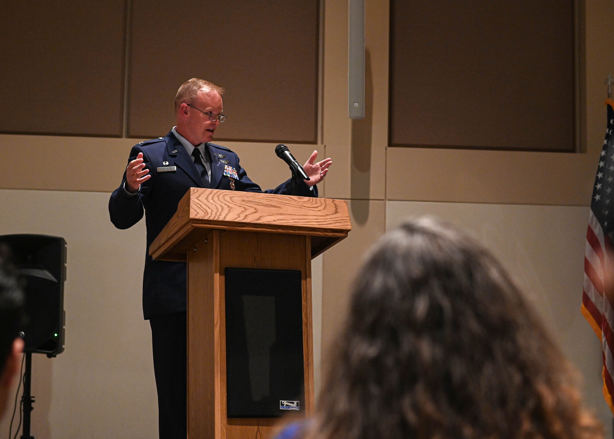 Col. Brian Chellgren, 460th Mission Support Group commander, gives his final speech as the 460th MSG commander after a combined unit inactivation and Buckley Garrison redesignation ceremony on Buckley Space Force Base, Colo., May 23, 2022.