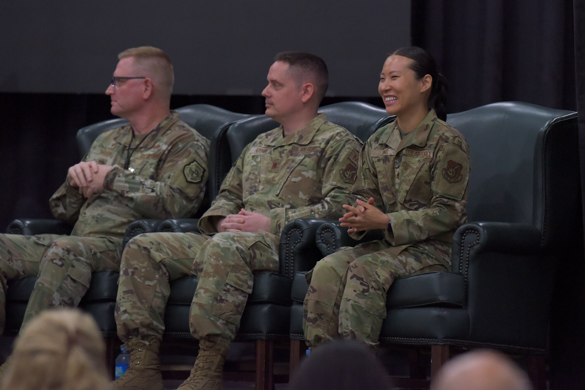 Maintenance leadership listens to opening remarks during the 51st Maintenance Squadron change of command ceremony at Osan Air Base, Republic of Korea, May 23, 2022.