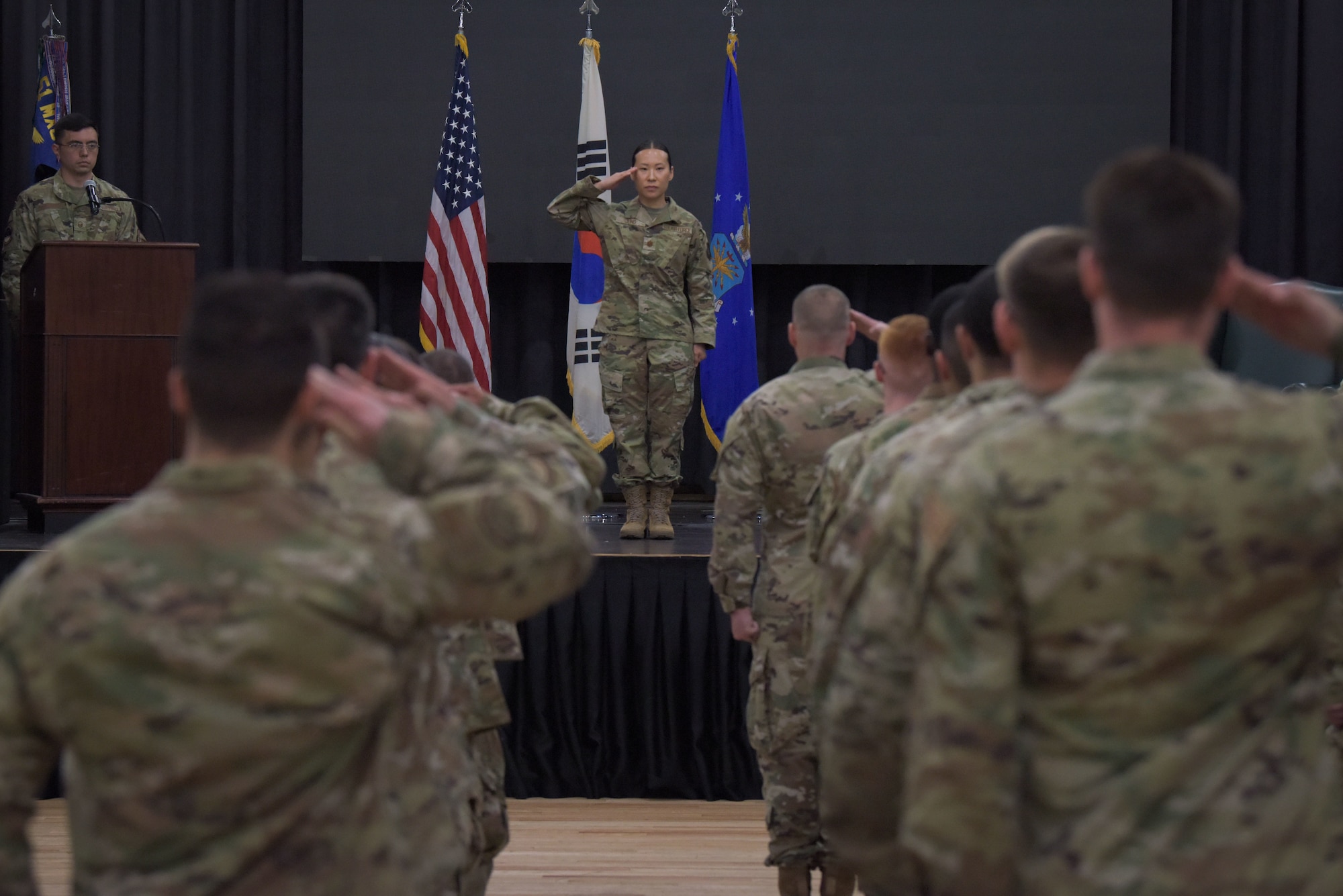 Maj. Anna Jung, 51st Maintenance Squadron incoming commander, receives her first salute as commander during the 51st MXS change of command ceremony at Osan Air Base, Republic of Korea, May 23, 2022.