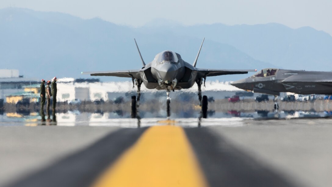 U.S. Marine Corps F-35B Lightning II aircraft with Marine Fighter Attack Squadron (VMFA) 242 arrive at Marine Corps Air Station Iwakuni, Japan, May 17, 2022. Following successful completion of Exercise RED FLAG 22-1, VMFA-242 achieved full operational capability, allowing them to execute a full set of missions as an F-35B Lightning II squadron. (U.S. Marine Corps photo by Sgt. Jackson Ricker)
