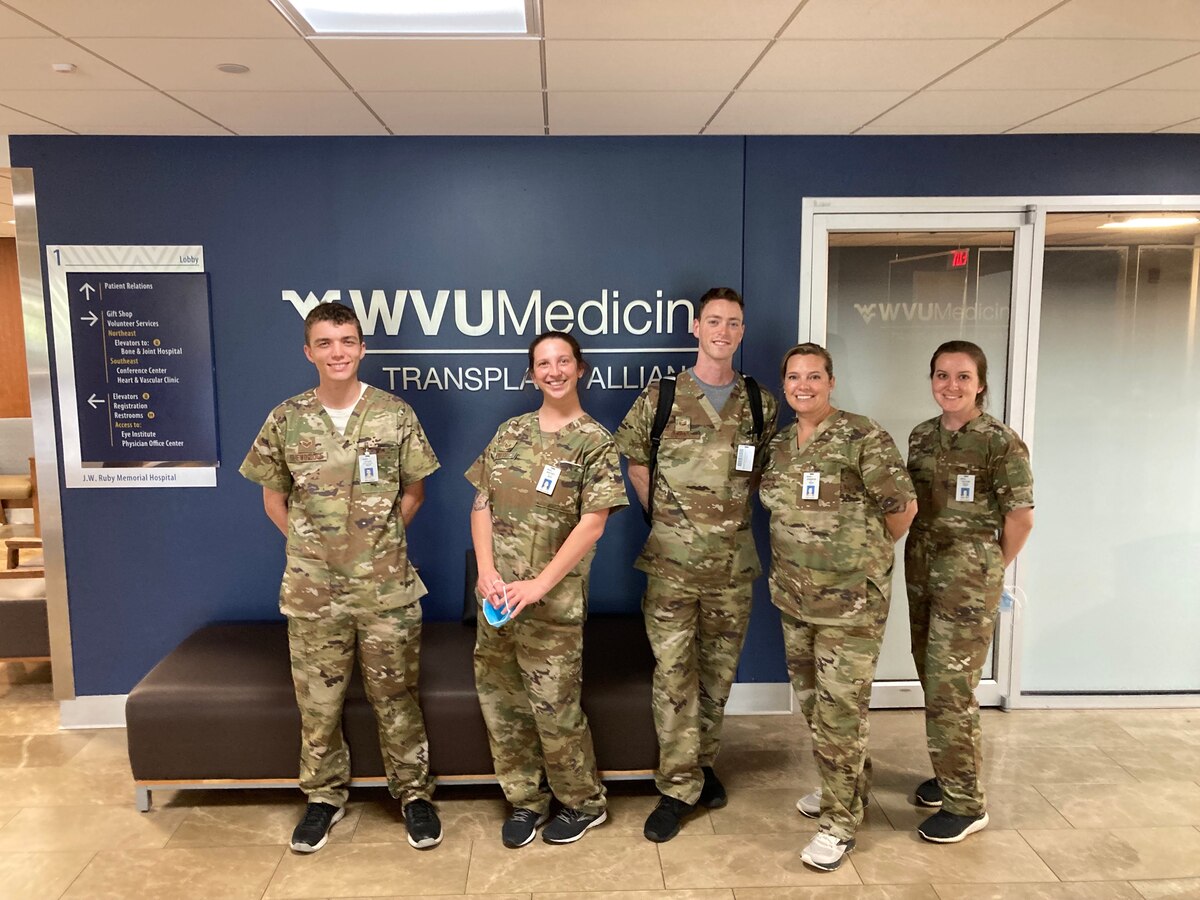 U.S. Air Force Senior Airman Tyler Shrewbridge, Staff Sgt. Whitney Potts, Staff Sgt. Michael Berry, Senior Master Sgt. Jennifer Day and Staff Sgt. Taylor Beasley, aerospace medical service personnel for the 167th Medical Group, completed 40 hours of trauma training at J.W. Ruby Memorial Hospital in Morgantown, West Virginia, May 16-20, 2022.