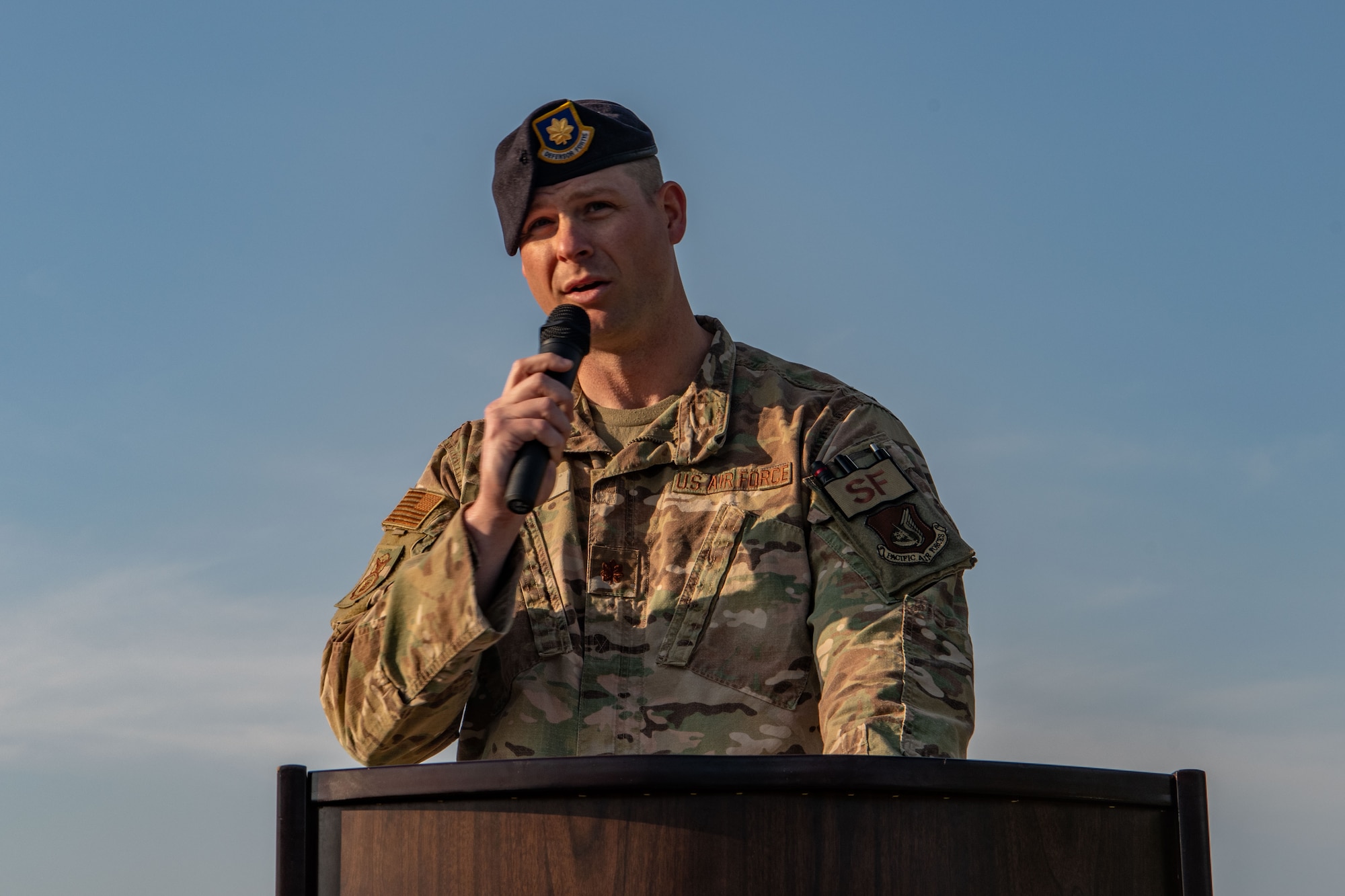 Maj. Jonathan Plyler, 8th Security Forces Squadron deputy commander, gives opening remarks during Police Week 2022 opening ceremony at Kunsan Air Base, Republic of Korea, May 16, 2022. The ceremony kicked off a myriad of activities to pay tribute to fallen law enforcement officers; to include a memorial run, rifle competition and relay challenge. (U.S. Air Force photo by Staff Sgt. Jesenia Landaverde)