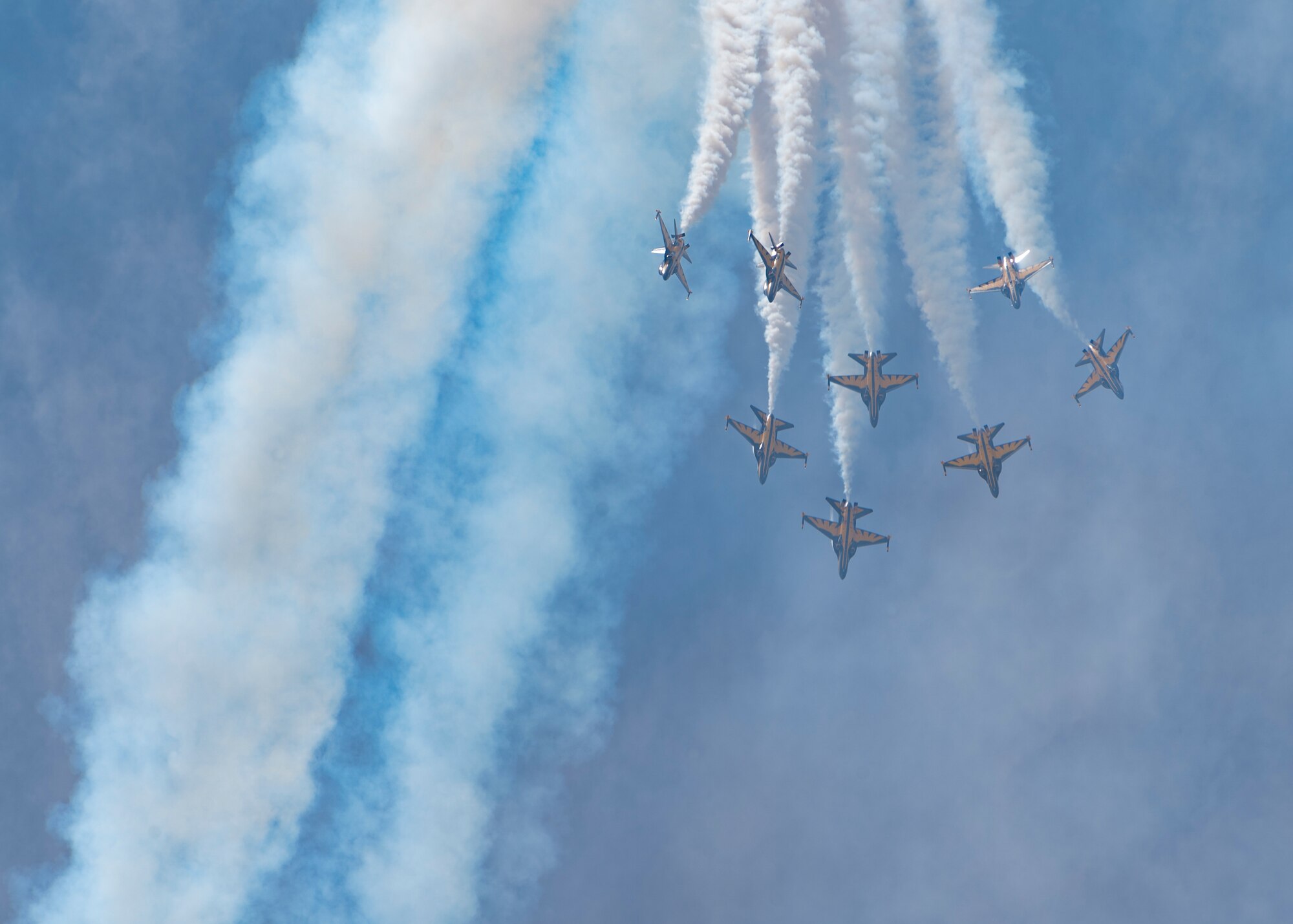 The Republic of Korea 53rd Air Demonstration Group, better known as the Black Eagles, perform aerial tricks in the sky.