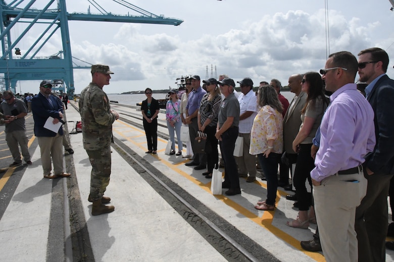 U.S. Army Corps of Engineers Jacksonville District Commander Col. James L. Booth speaks during a ribbon cutting ceremony marking the completion of the Harbor Deepening Project through Blount Island Marine Terminal Monday, May 23, 2022 at JaxPort in Jacksonville, Fl.  (USACE photo by Mark Rankin)