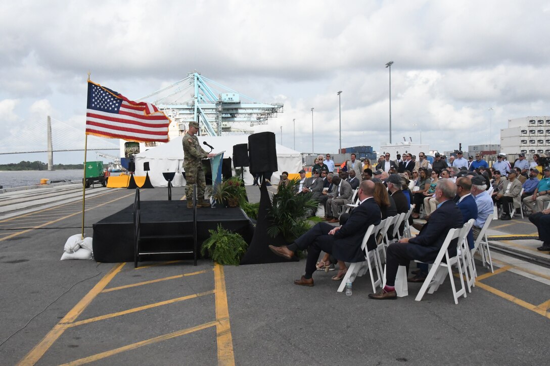 U.S. Army Corps of Engineers Jacksonville District Commander Col. James L. Booth speaks during a ribbon cutting ceremony marking the completion of the Harbor Deepening Project through Blount Island Marine Terminal Monday, May 23, 2022 at JaxPort in Jacksonville, Fl.  (USACE photo by Mark Rankin)