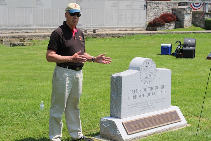 Retired Maj. Gen. Wesley Craig, former 28th Infantry Division commander and later serving as Adjutant General of Pennsylvania, speaks about the Iron Division's role in the Battle of the Bulge during a monument dedication ceremony May 22, 2022 in Boalsburg, Pa. The monument is located on the grounds of the Pennsylvania Military Museum, site of the division shrine.