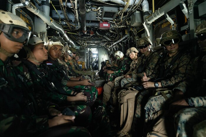 U.S. Marines with Marine Rotational Force-Darwin 22, members of the Australian Defence Force, and Indonesian forces fly in an MV-22 Osprey during Exercise Crocodile Response 22 in Nhulunbuy, NT, Australia, May 17, 2022. Exercise Crocodile Response trains MRF-D, the ADF and Indonesian forces to provide humanitarian assistance and disaster relief in the Indo-Pacific region.