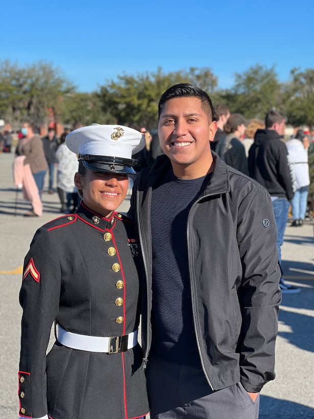 U.S. Marine Corps Staff Sgt. Jonathan Mendozacorona and Pfc. Yessica Mendozacorona of Recruiting Sub Station Lexington, Recruiting Station Columbia, pose for a photo at Marine Corps Recruit Depot Parris Island, South Carolina, Jan. 7, 2022. Mendozacorona, now the staff non-commissioned officer-in-charge for RSS Lexington, enlisted and prepared his younger sister, Pfc. Mendozacorona, to become a U.S. Marine. (Courtesy photo by Mendozacorona family)