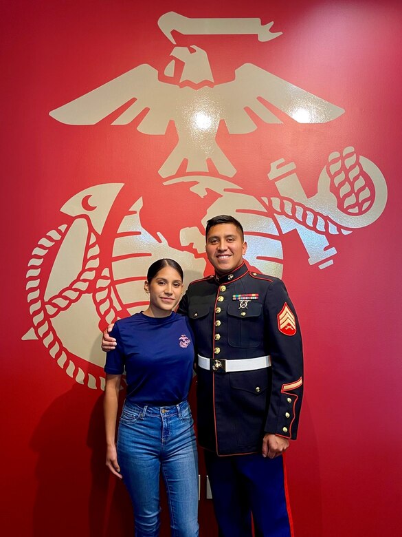 Sgt. Johnathan Mendozacorona, a recruiter with Recruiting Sub Station Lexington, and his sister Yessica Mendozacorona pose for a photo at Recruiting Sub Station Lexington, S.C., on Sept. 27, 2021. Sgt. Mendozacorona is not only serving as his sister’s mentor but also as her recruiter in order to help her follow in his footsteps of becoming a U.S. Marine. (U.S. Marine Corps photo by Cpl. Dylan Walters)
