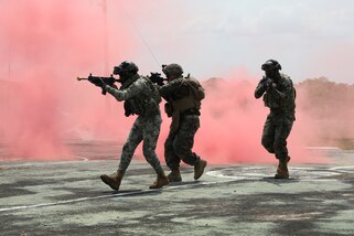 Belize Defense Force, Meixcan Marines, and US Marines conduct culminating exercises including vehicle takedown, search and seizure, arrest, riot control, and building raids May 19, 2022 at Belize Police Training Academy for Tradewinds 2022.