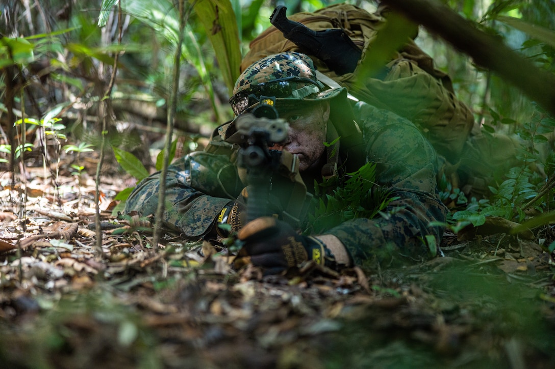 U.S. Marine Corps Cpl. Jake Lyles, an infantry Marine with India Company, 3rd Battalion, 25th Marine Regiment, 4th Marine Division, posts security while scoping into his M27 Infantry Automatic Rifle during exercise Tradewinds 2022 (TW22) at Guacamallo Bridge, Belize, on May 13, 2022