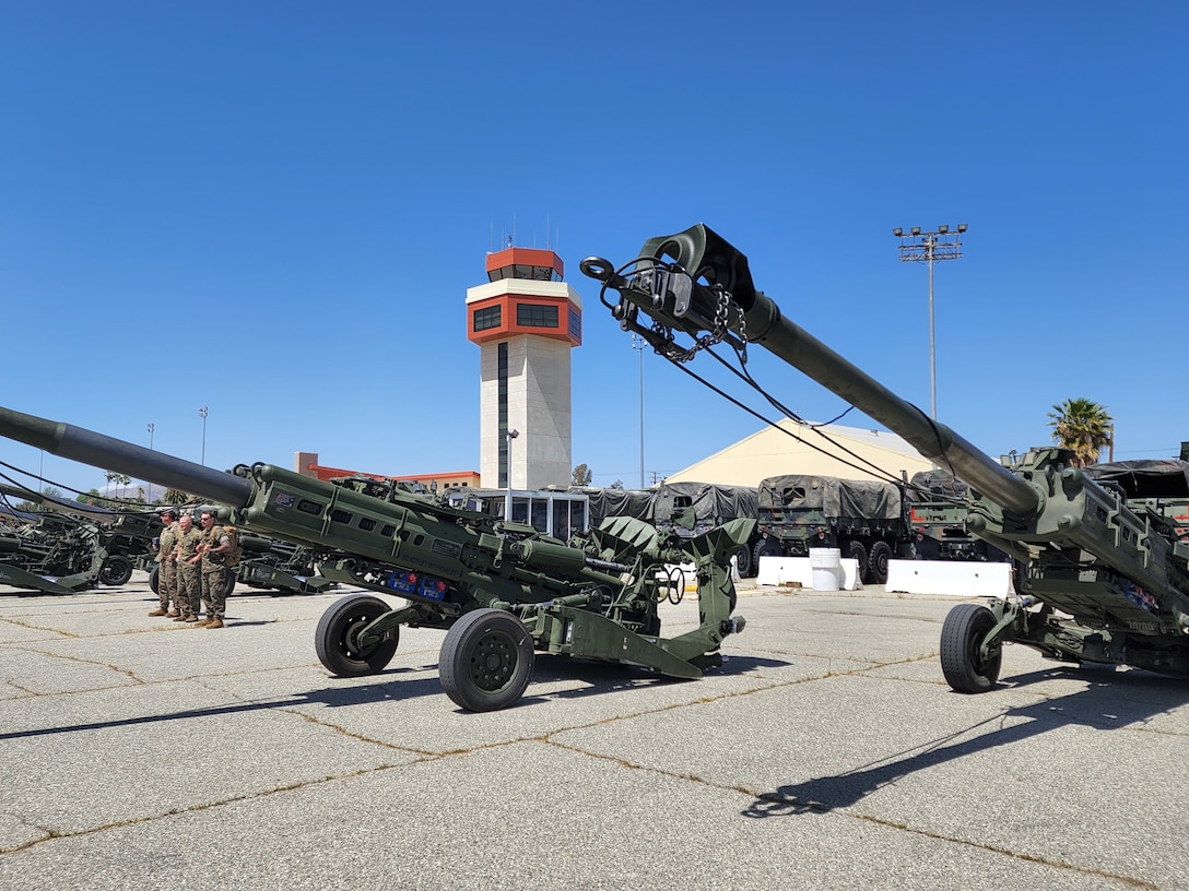 M777 Howitzer cannons at March Air Reserve Base, California, on April 21, 2022 waiting to be sent to European Support 2022 operations. The United States has now committed more than $3.2 billion in security assistance to Ukraine since the beginning of the Biden Administration, including approximately $2.6 billion since the beginning of Russia's unprovoked invasion on February 24 (U.S. Air Force photo by Wendy Day, 452 Air Mobility Wing/ Public Affairs)