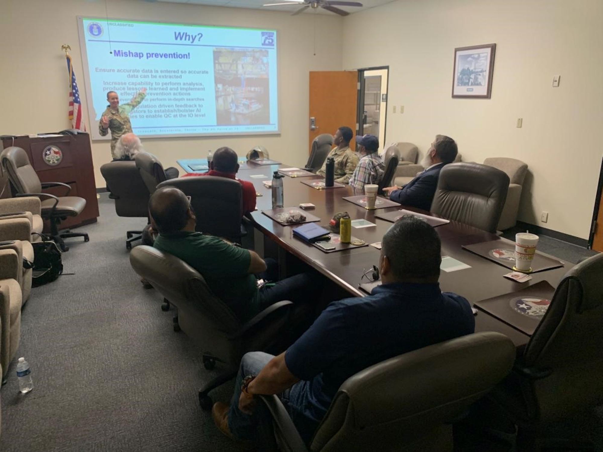 Master Sgt. Sarah Lenker briefs the senior staff of the AETC safety office