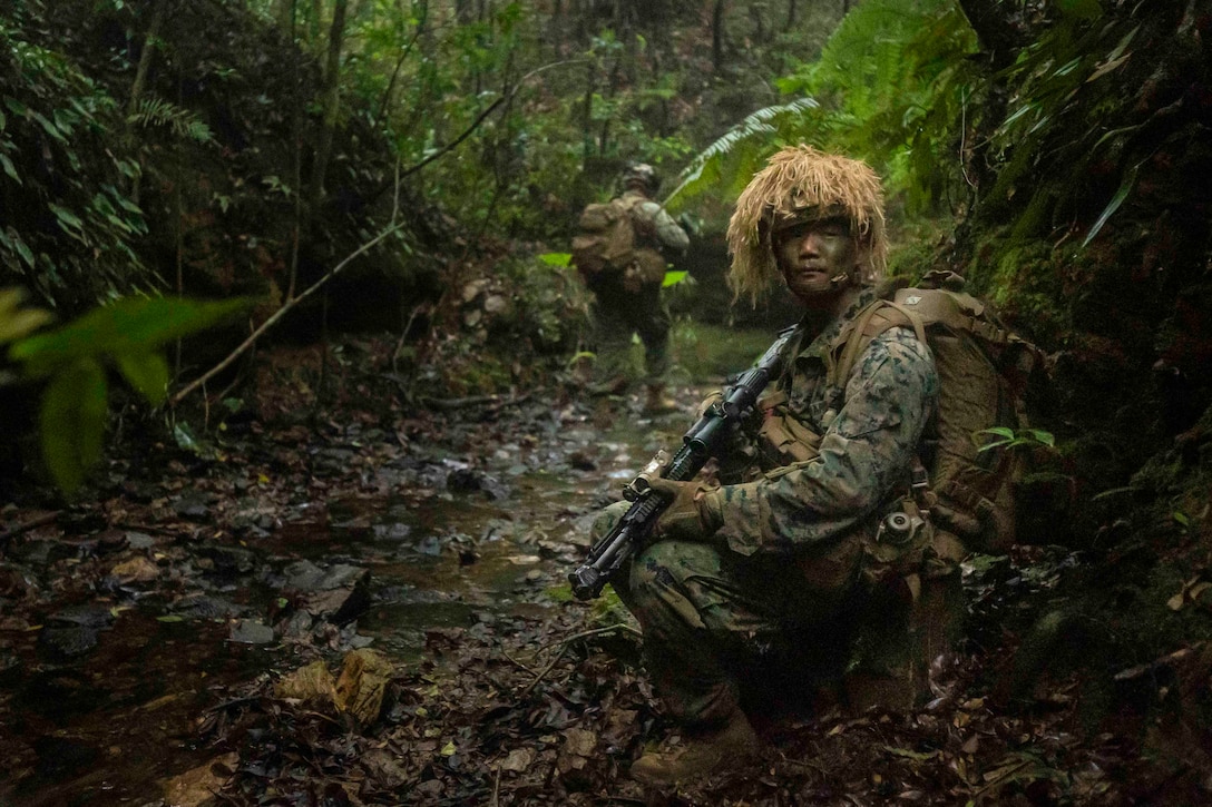 A Marine in camouflage sits in a jungle terrain as another Marine walks in the background.