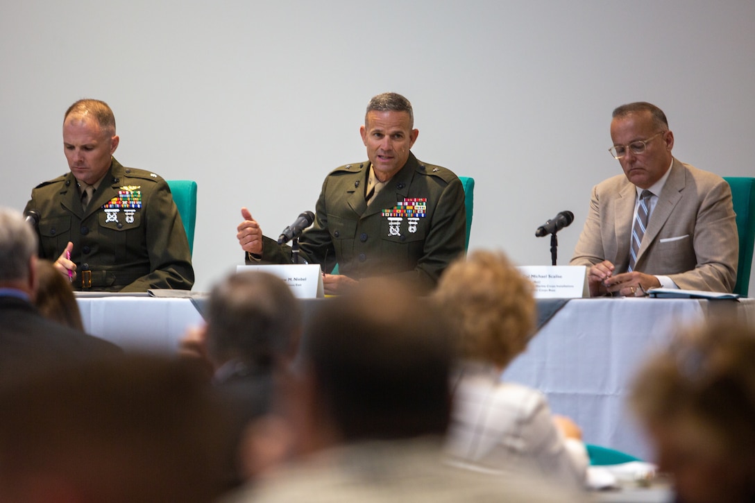 U.S. Marine Corps Brig. Gen. Andrew M. Niebel, center, commanding general, Marine Corps Installations East-Marine Corps Base Camp Lejeune, speaks during the 26th annual State of the Community gathering at the Eastern North Carolina Regional Skills Center in Jacksonville, North Carolina, May 18, 2022. The event focused on economic development, healthcare, education, military, local government and the positive impact of partnerships between community organizations during a panel discussion. (U.S. Marine Corps photo by Lance Cpl. Alexis Sanchez)