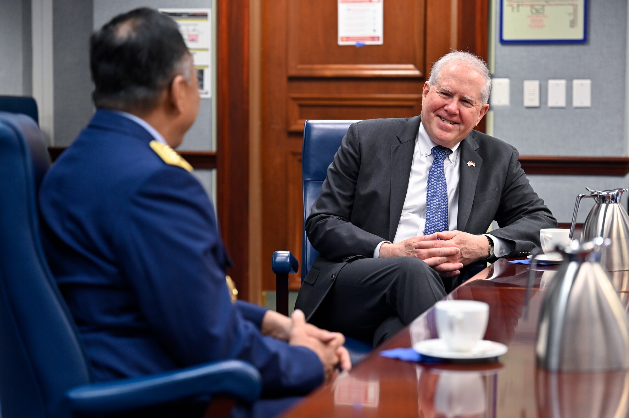 Secretary of the Air Force Frank Kendall speaks with Air Chief Marshal Fadjar Prasetyo, chief of staff of the Indonesian Air Force.