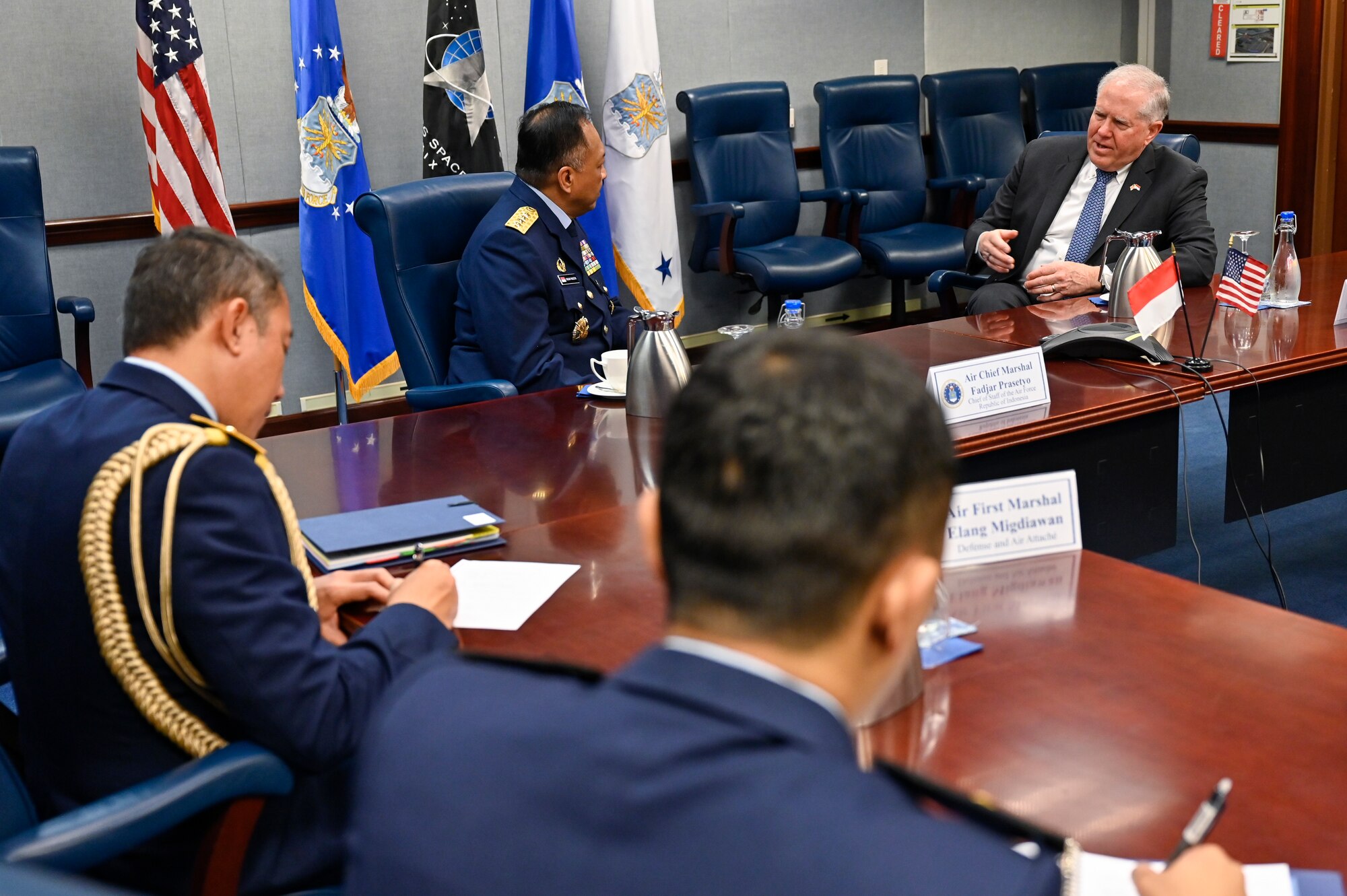 Secretary of the Air Force Frank Kendall speaks with Air Chief Marshal Fadjar Prasetyo, chief of staff of the Indonesian Air Force.