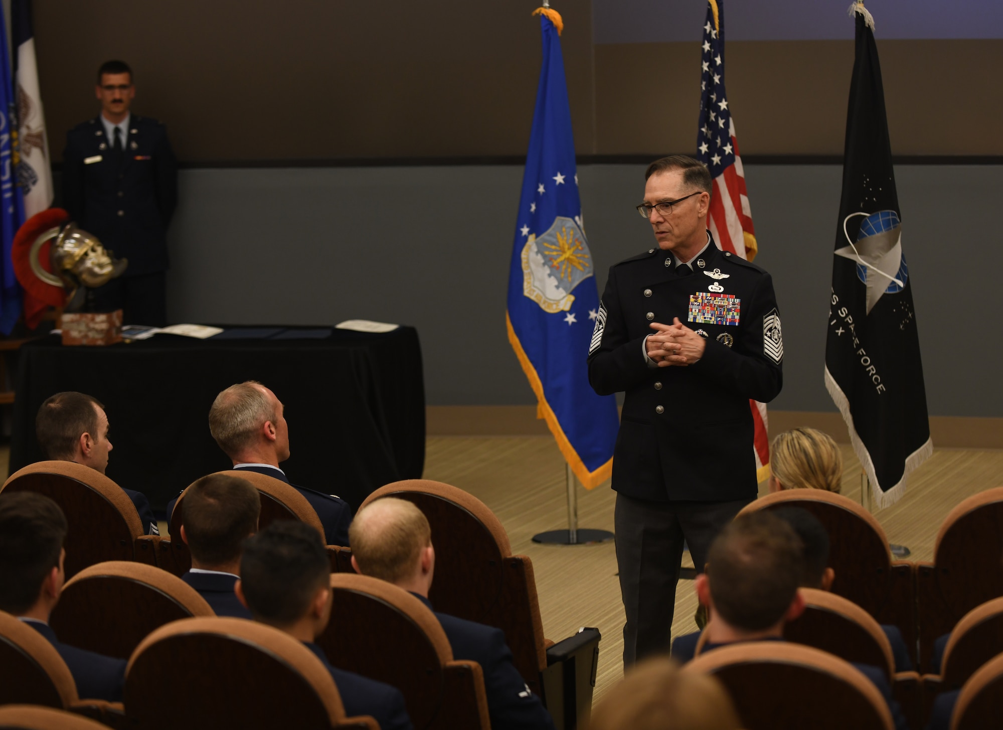 Chief Master Sgt. of the Space Force, Roger A. Towberman, speaks during the 533rd Training Squadron enlisted graduation on Vandenberg Space Force Base, Calif., May 20, 2022. CMSSF Towberman held an all-call, focus group, and was a distinguished guest for the 533rd’s graduation during his visit. (U.S. Space Force photo by Airman 1st Class Ryan Quijas)