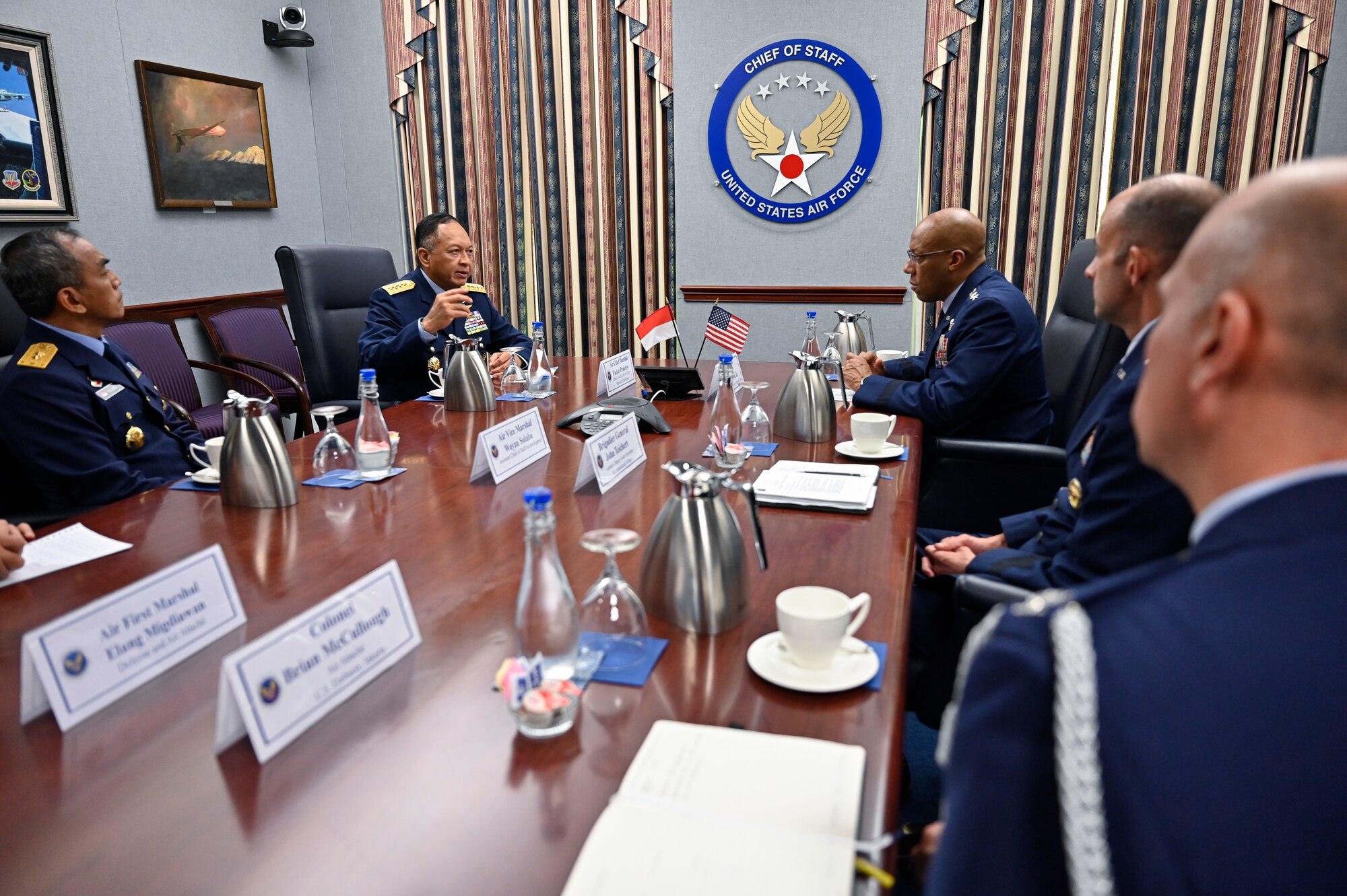 Air Chief Marshal Fadjar Prasetyo, chief of staff of the Indonesian Air Force, speaks with Air Force Chief of Staff Gen. CQ Brown, Jr.