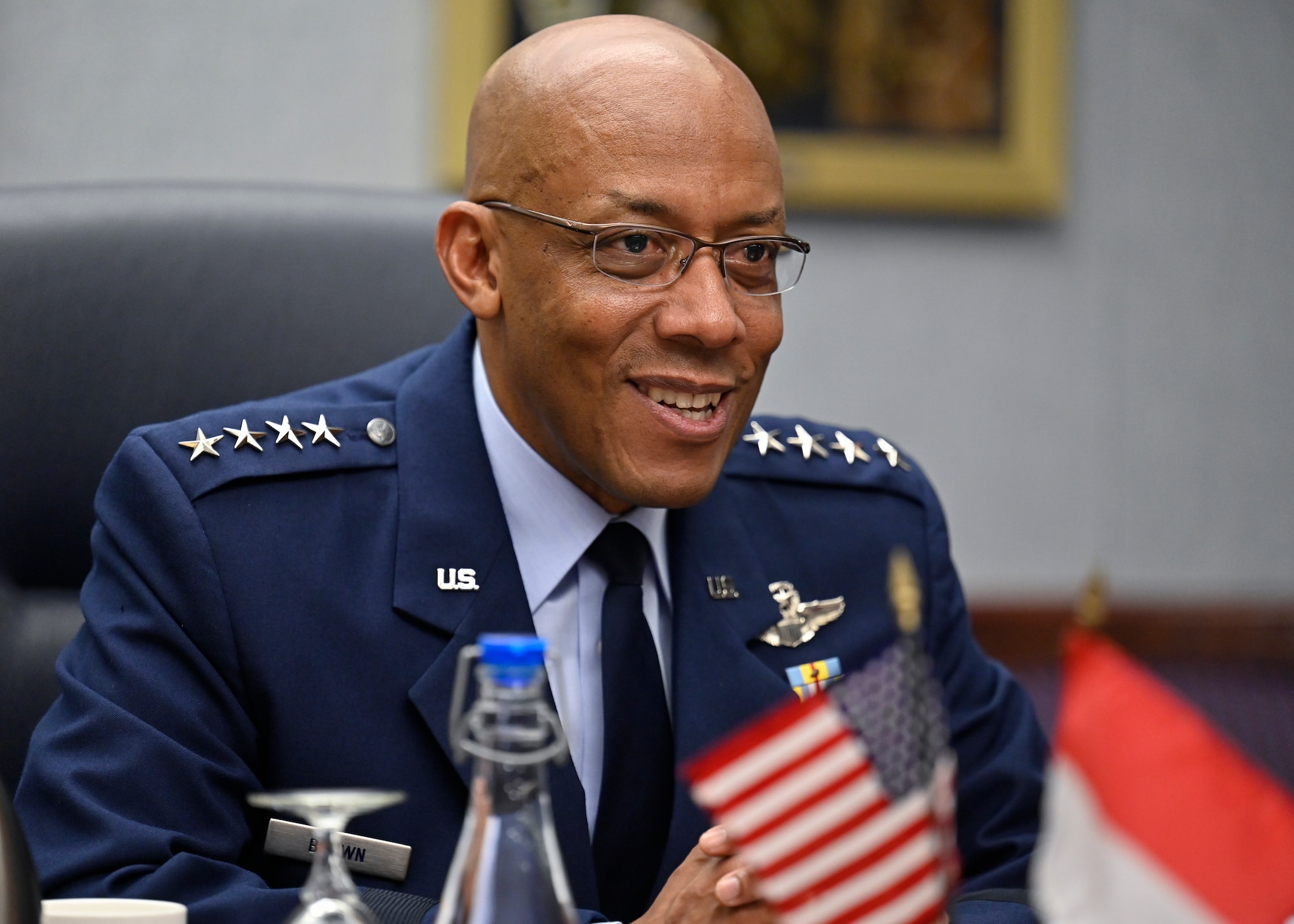 Air Force Chief of Staff Gen. CQ Brown, Jr. speaks with Air Chief Marshal Fadjar Prasetyo.