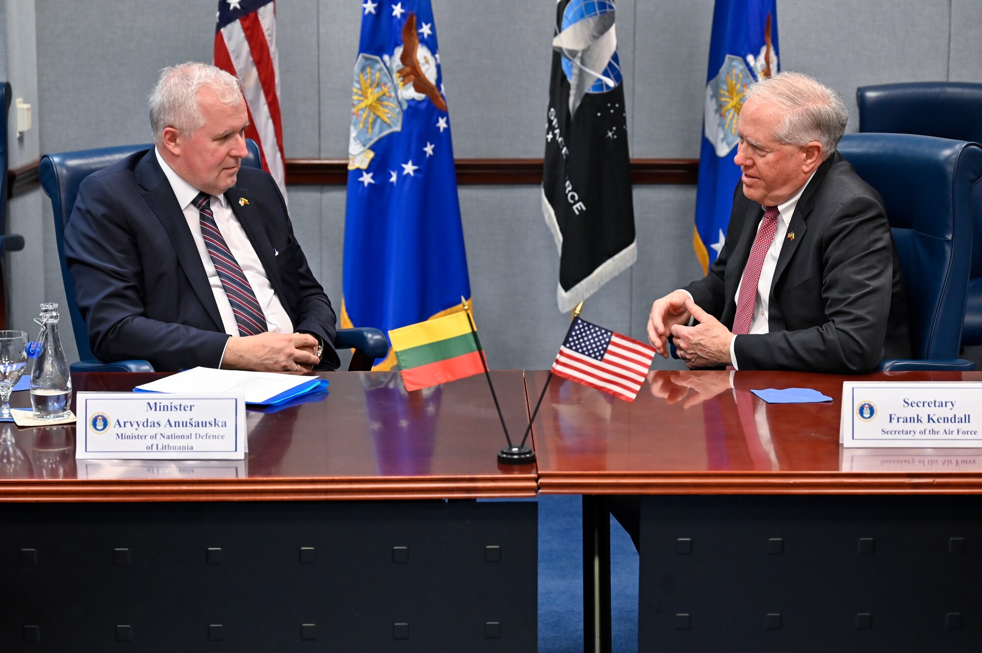 Secretary of the Air Force Frank Kendall speaks with Lithuanian Minister of National Defense Arvydas Anušauskas.