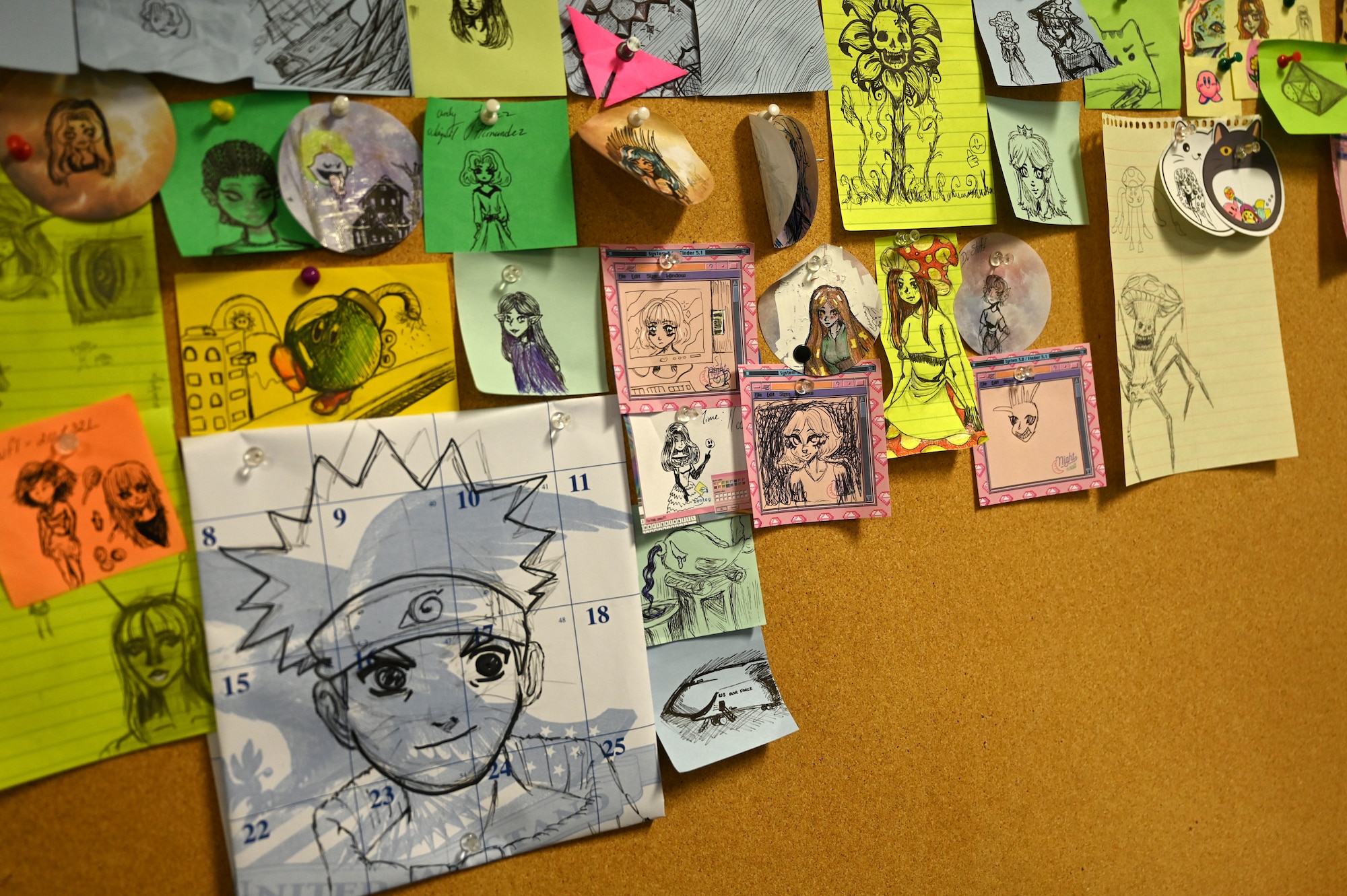 Artwork sketched by U.S. Air Force Airman 1st Class Arely Juarez Hernandez, client systems operator, is displayed in her office at Presidio of Monterey, Calif., May 12, 2022. Juarez Hernandez’s coworkers noticed her sketches and hung them in the office to show their support of her creativity. (U.S. Air Force photo by Master Sgt. Jocelyn A. Ford)