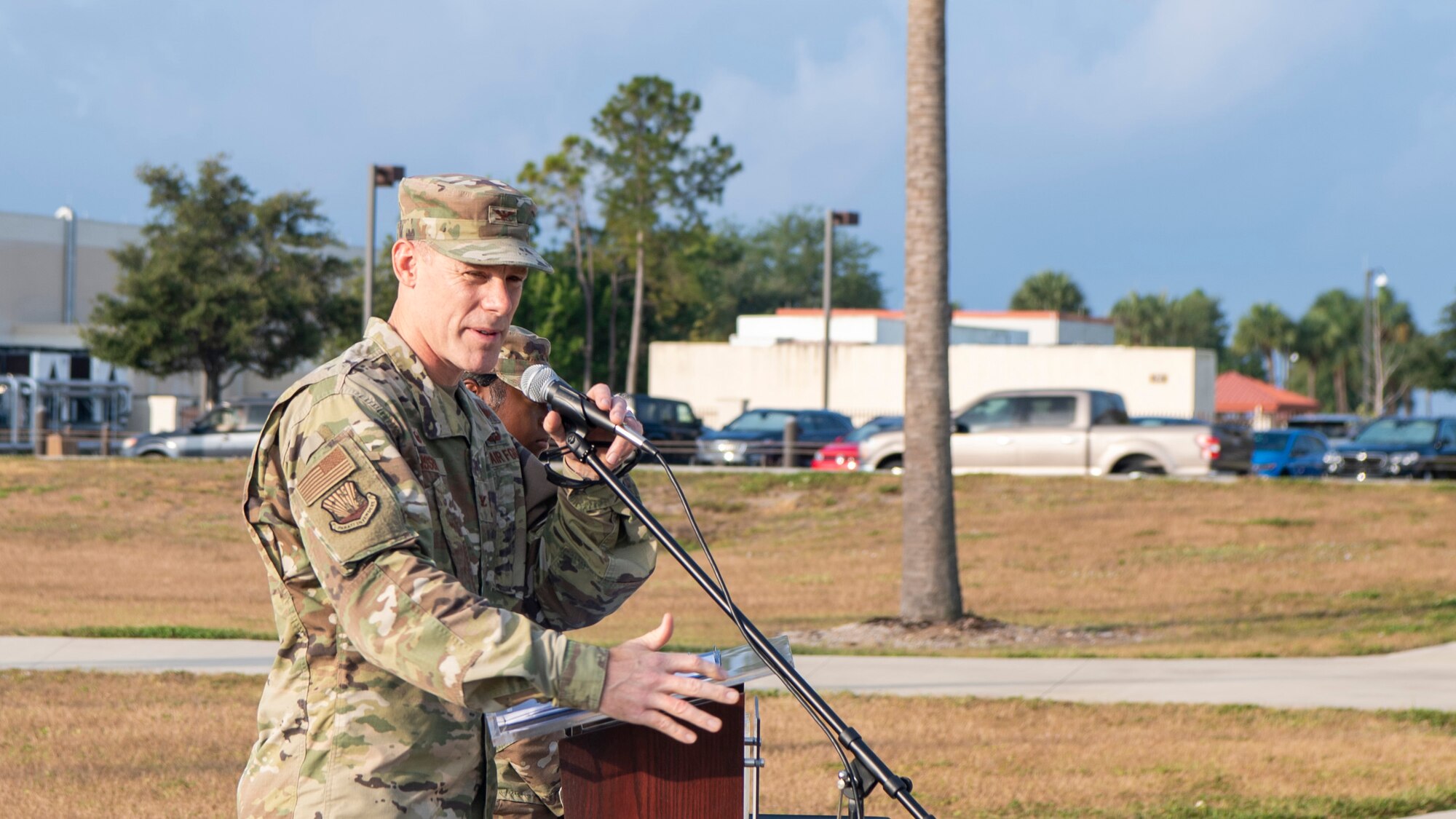 U.S. Air Force Col. Benjamin Jonsson, 6th Air Refueling Wing commander, addresses a group of airmen before a prayer at MacDill Air Force Base, Florida, May 19, 2022.