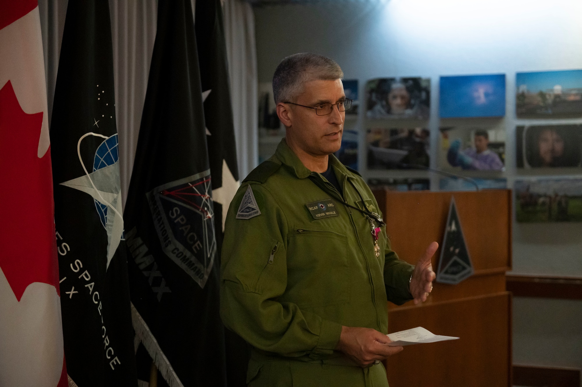 Canadian Royal Air Force Brig.-Gen. Kevin Whale, Space Operations Command, Deputy Commanding General of Transformation, shares his perspective on the importance of change and transformation, after receiving the Legion of Merit (Degree of Officer) at SpOC Headquarters, Peterson Space Force Base, Colorado, 24 May, 2022 (U.S. Space Force photo by Staff Sergeant Jose A. Rodriguez Jr)