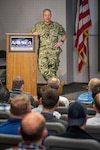 Rear Adm. Jason Lloyd, chief engineer and deputy commander of Ship Design, Integration and Naval Engineering, SEA 05,
participates in a Q&A session with engineers March 30 at Puget Sound Naval Shipyard & Intermediate Maintenance Facility. Lloyd is the source of shipyard technical authority, chair of the Engineering Intervention Board and the Engineering Pillar lead. (U.S. Navy photo by Scott Hansen)