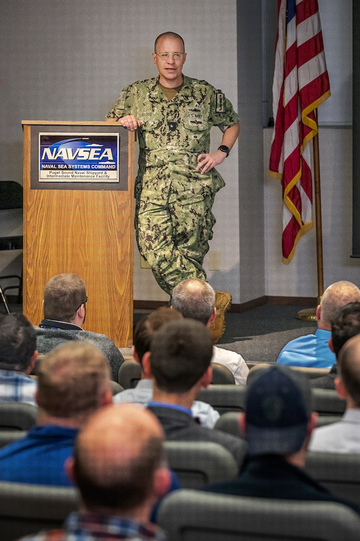 Rear Adm. Jason Lloyd, chief engineer and deputy commander of Ship Design, Integration and Naval Engineering, SEA 05,
participates in a Q&A session with engineers March 30 at Puget Sound Naval Shipyard & Intermediate Maintenance Facility. Lloyd is the source of shipyard technical authority, chair of the Engineering Intervention Board and the Engineering Pillar lead. (U.S. Navy photo by Scott Hansen)