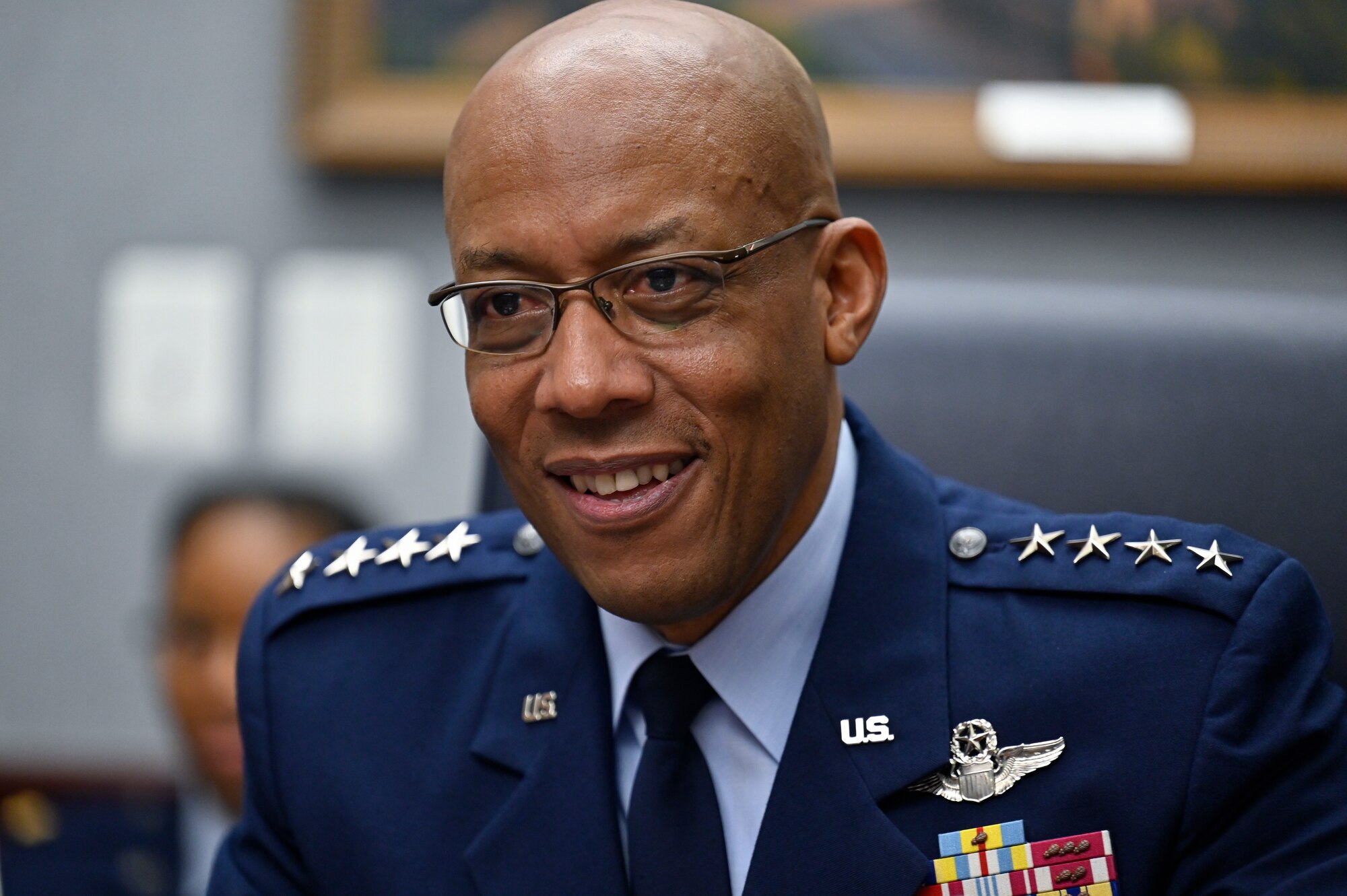 Air Force Chief of Staff Gen. CQ Brown, Jr. speaks with Chief of Staff of the Republic of Korea Air Force Gen. Park Inho.