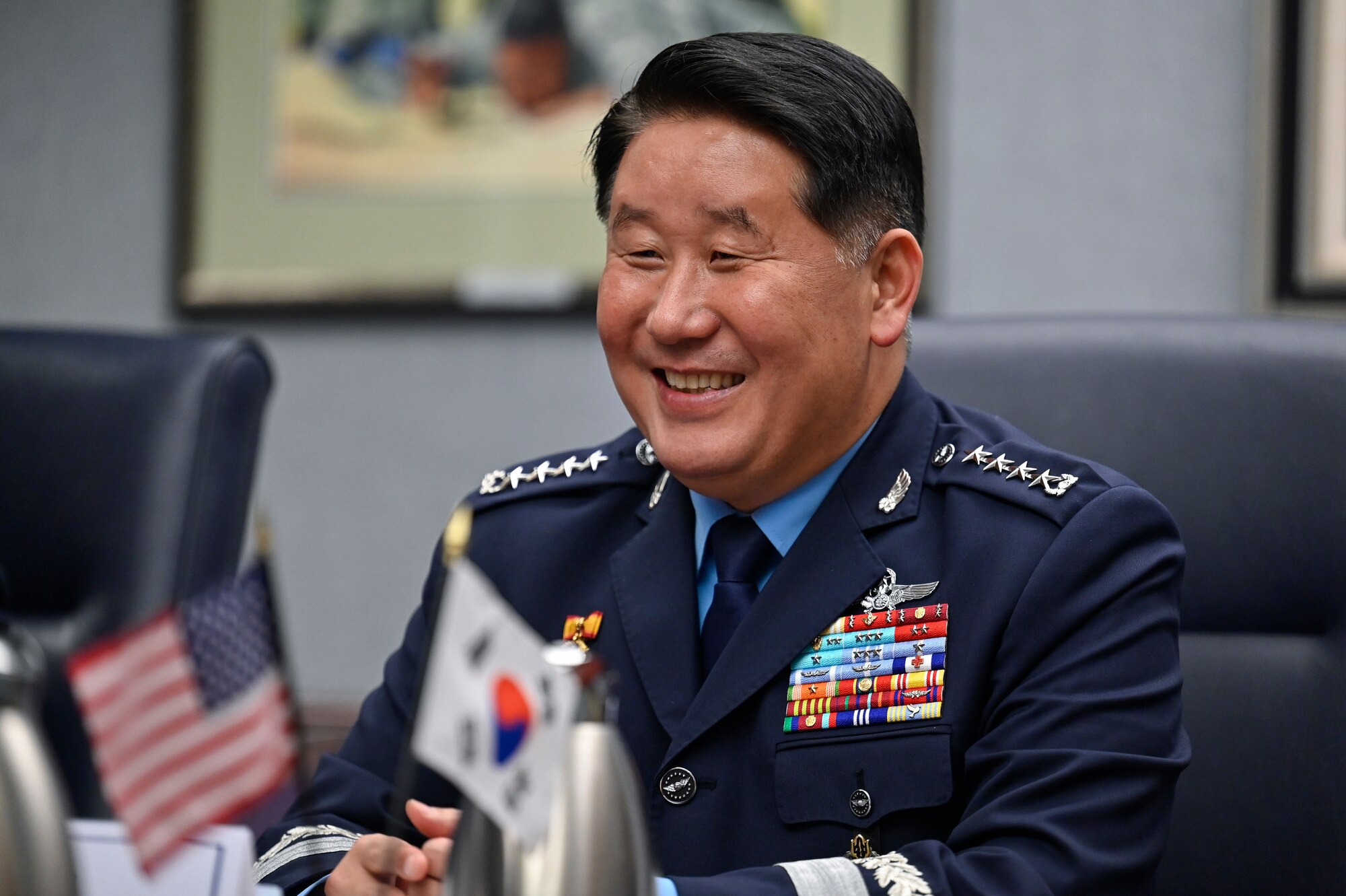 Chief of Staff of the Republic of Korea Air Force Gen. Park Inho speaks with Air Force Chief of Staff Gen. CQ Brown, Jr.