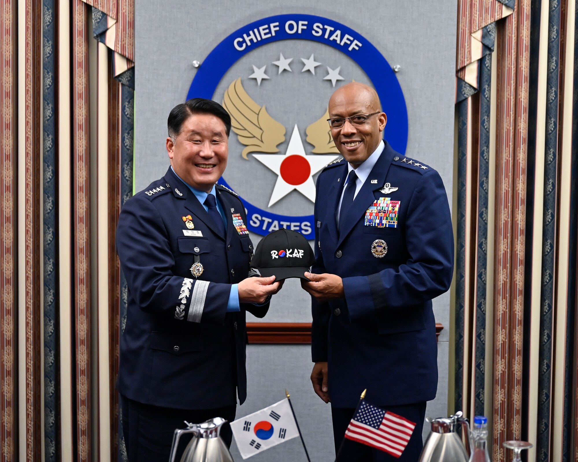 Air Force Chief of Staff Gen. CQ Brown, Jr., right, poses with Chief of Staff of the Republic of Korea Air Force Gen. Park Inho.