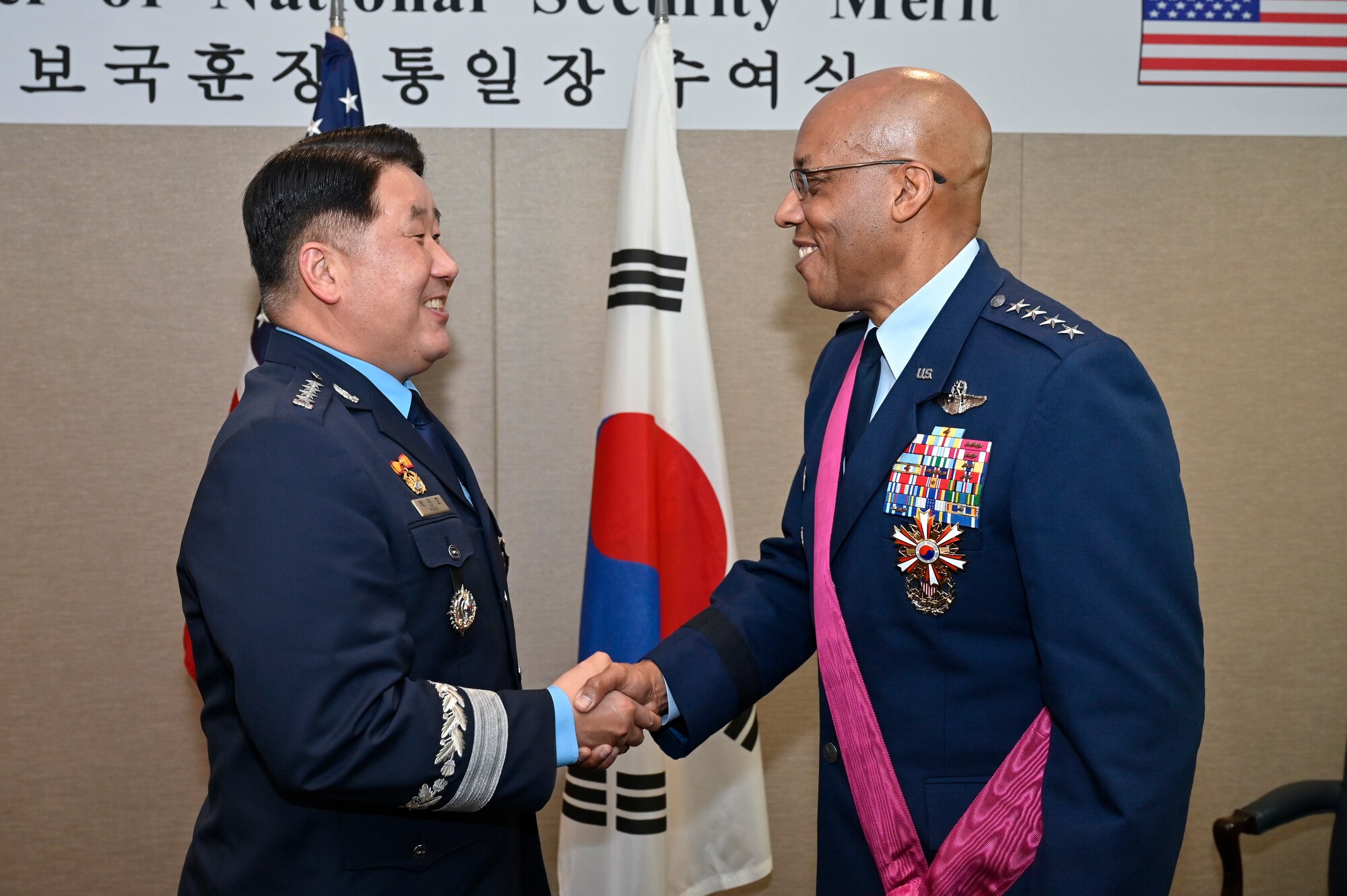 Air Force Chief of Staff Gen. CQ Brown, Jr., right, shakes hands with Chief of Staff of the Republic of Korea Air Force Gen. Park Inho.