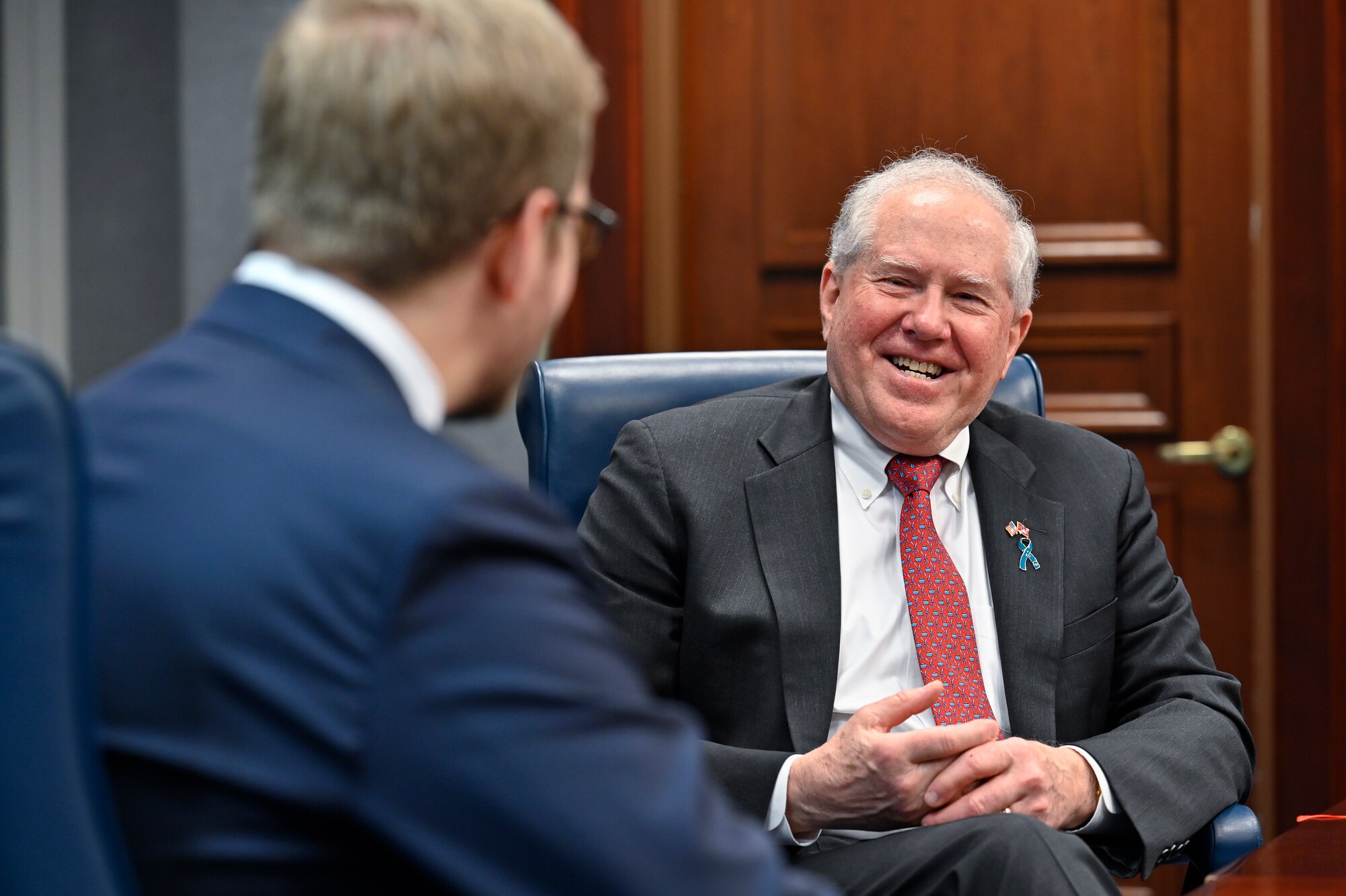 Secretary of the Air Force Frank Kendall speaks with Norwegian State Secretary Bent-Joacim Bentzen.