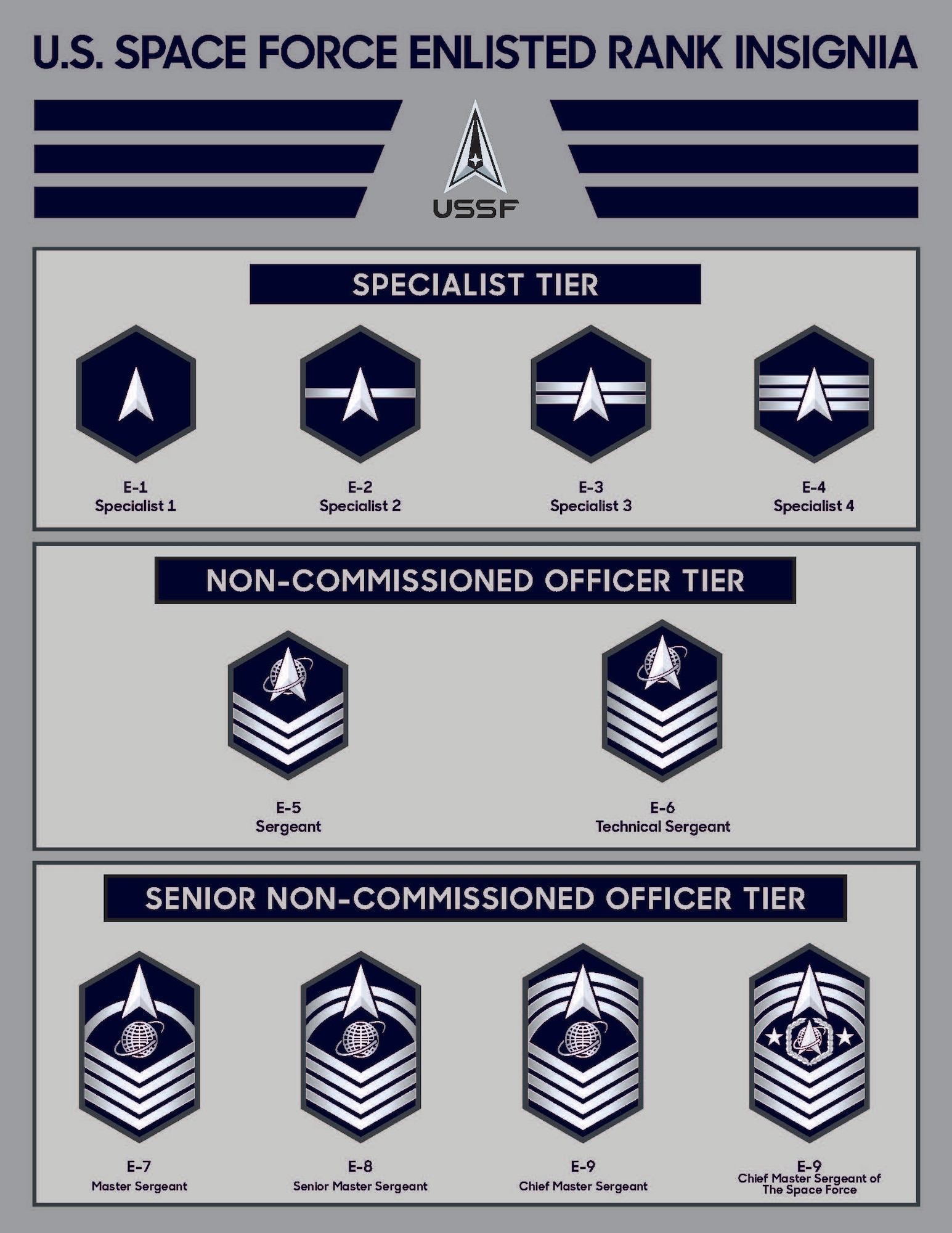 Graphic showing the enlisted rank insignias for the Space Force.